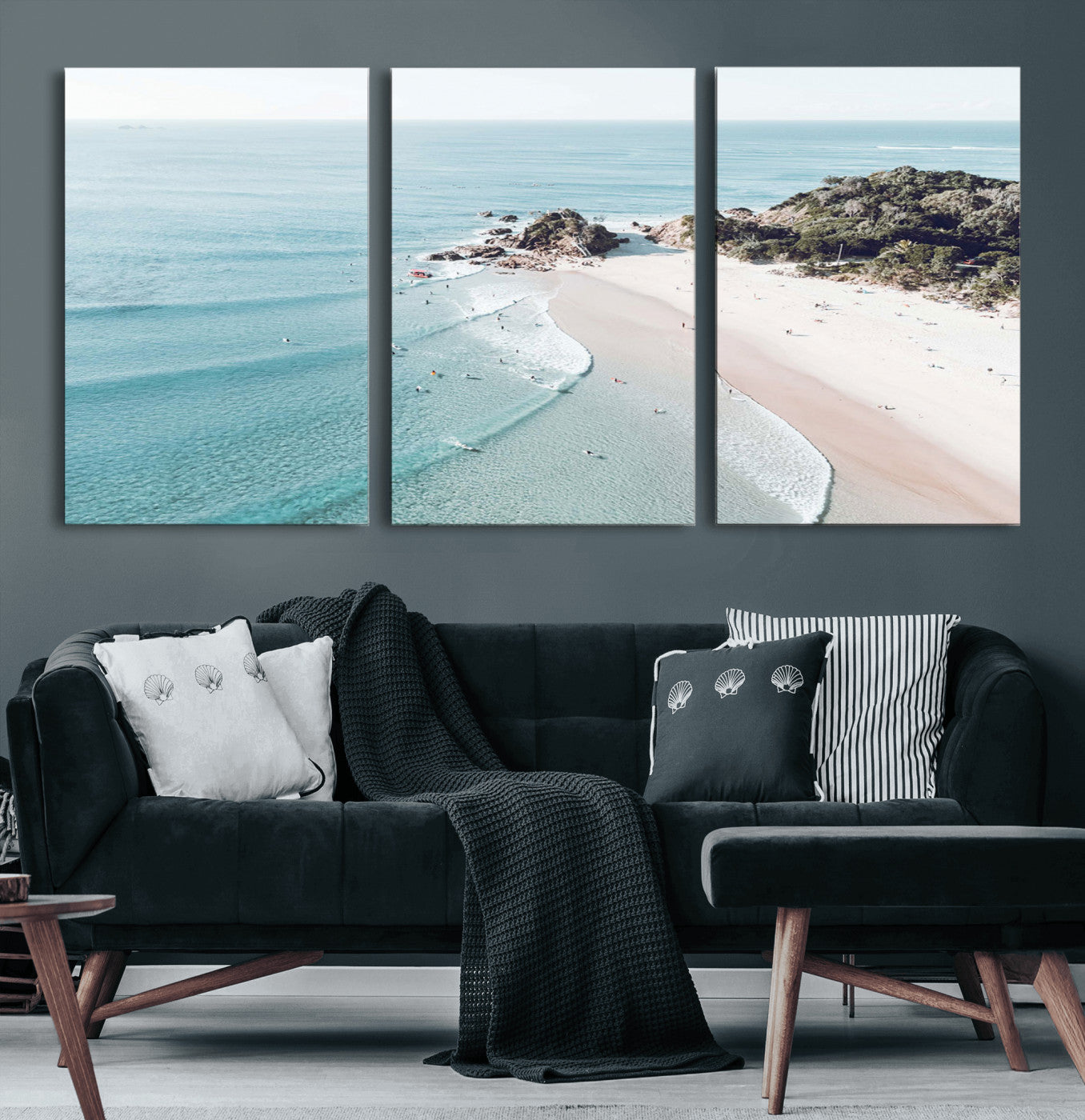 79395467-MGV-CV-36X24 - Aerial Beach Wall Art Canvas Print, Coastal Ocean Waves and Surfers Scenic Seaside Artwork for Home, Office Decor