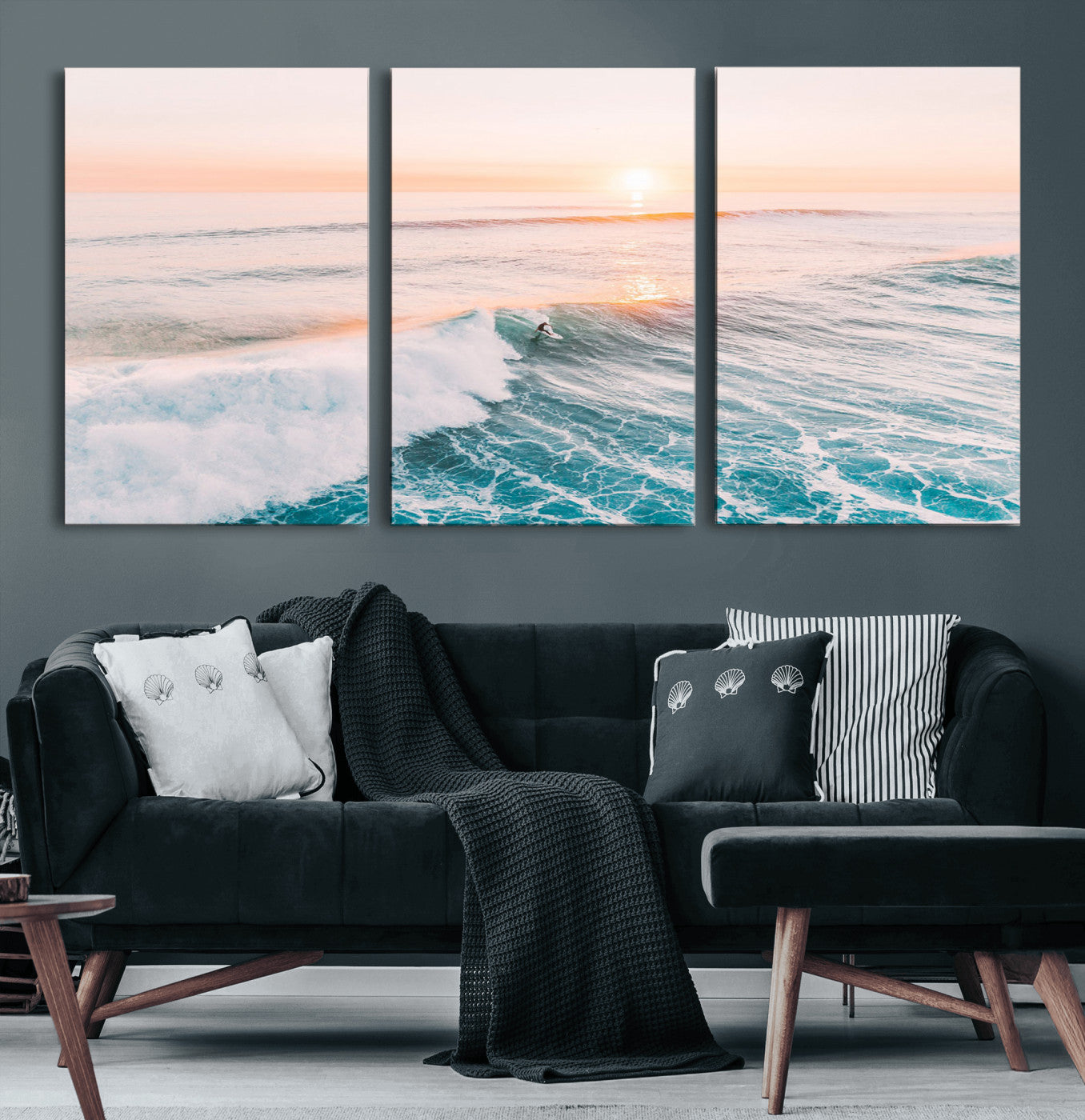 34064591-MGV-CV-36X24 - Sunset Surfing Wall Art Canvas Print, Ocean Wave Surfer with Golden Sky Artwork for Home, Office, Living Room