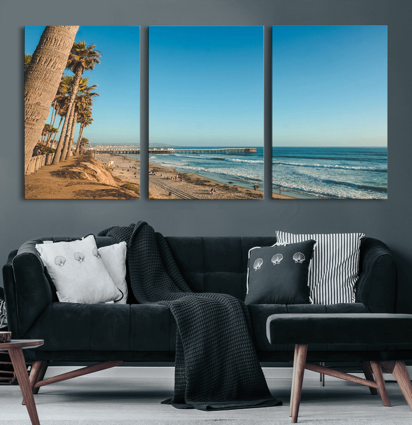 MGV-CV-60X30-3P - Scenic Beach with Tall Palm Trees, Sandy Shore, and Long Pier Stretching into the Calm Ocean Under