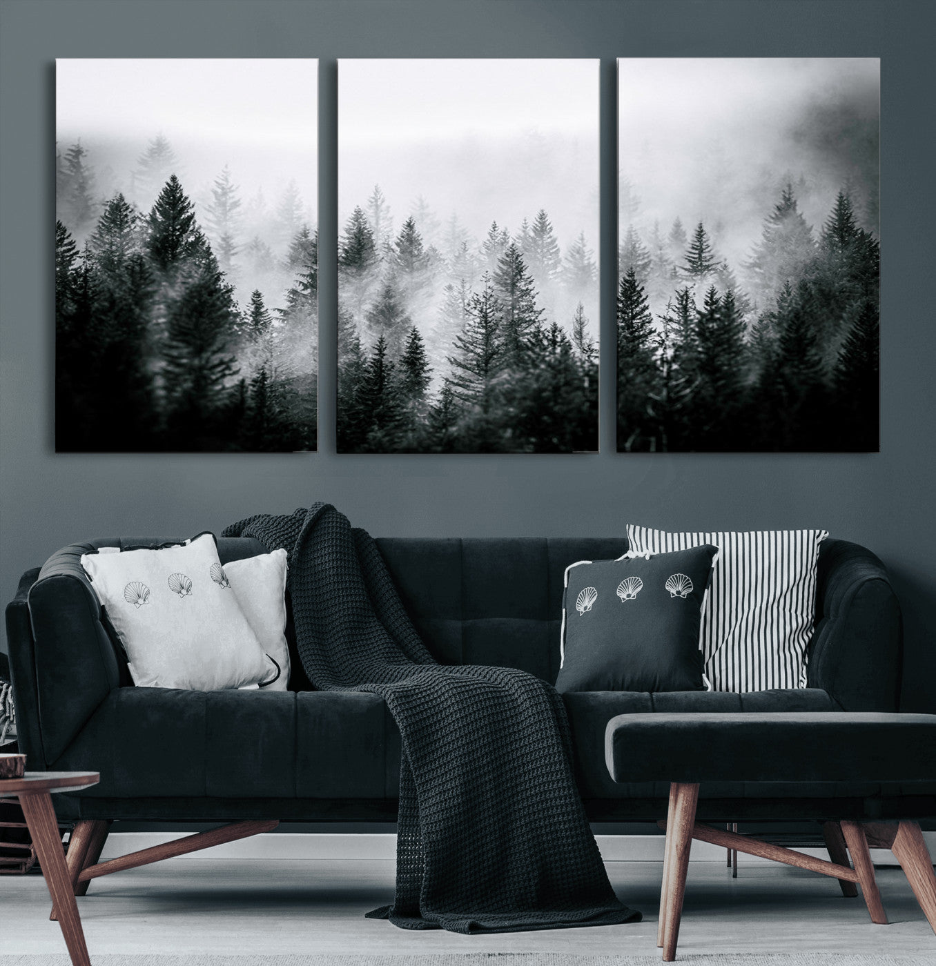 MGV-CV-60X30-3P - Foggy Pine Forest Canvas Wall Art – Black and White Nature Landscape Print, Horizontal Canvas for