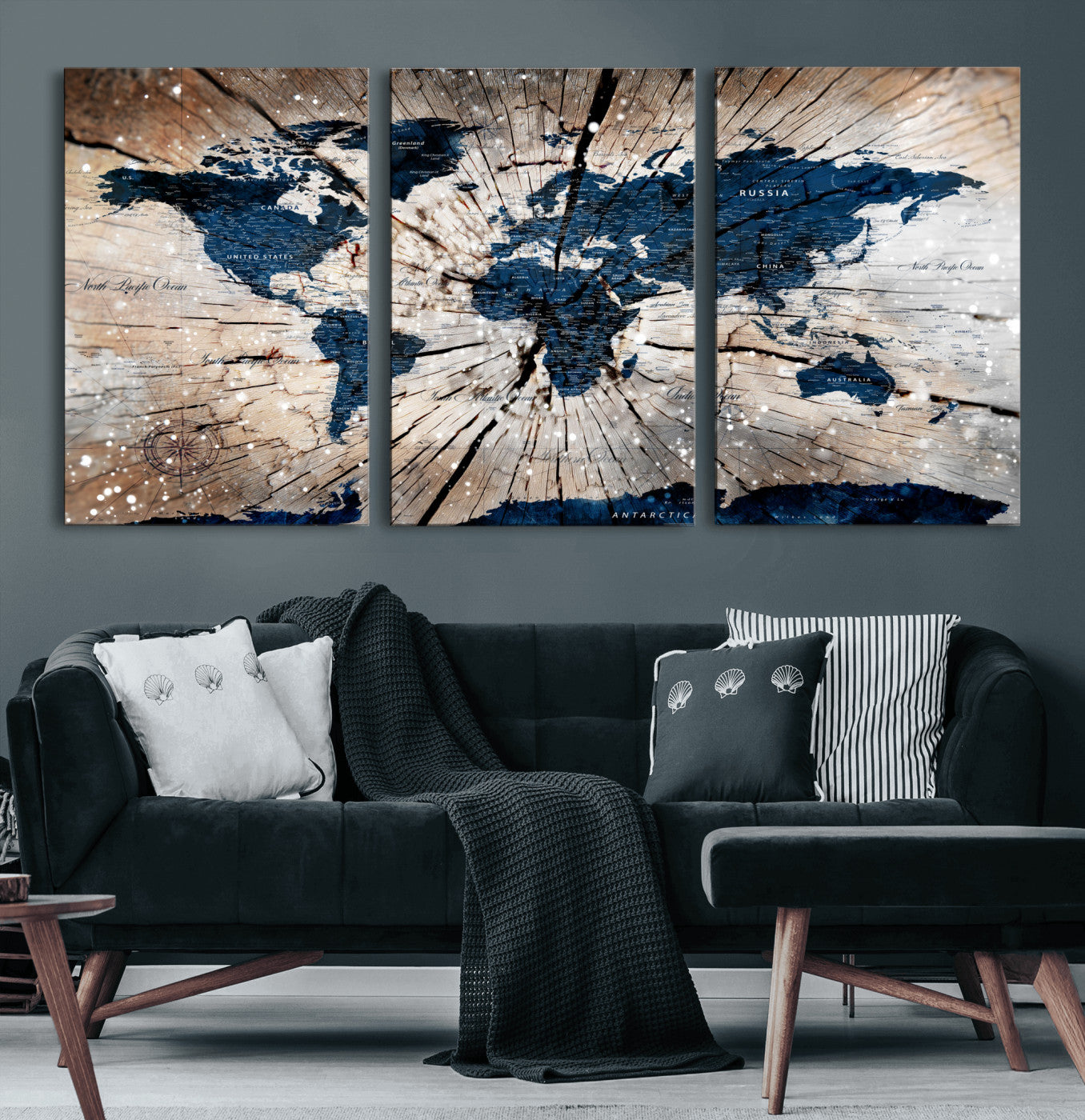 99001695-MGV-CV-60X30-3P - World Map Wall Art Canvas Print, Modern Decorative Framed Map Artwork Prints for Living Room, Office, Bedroom Wall Decor