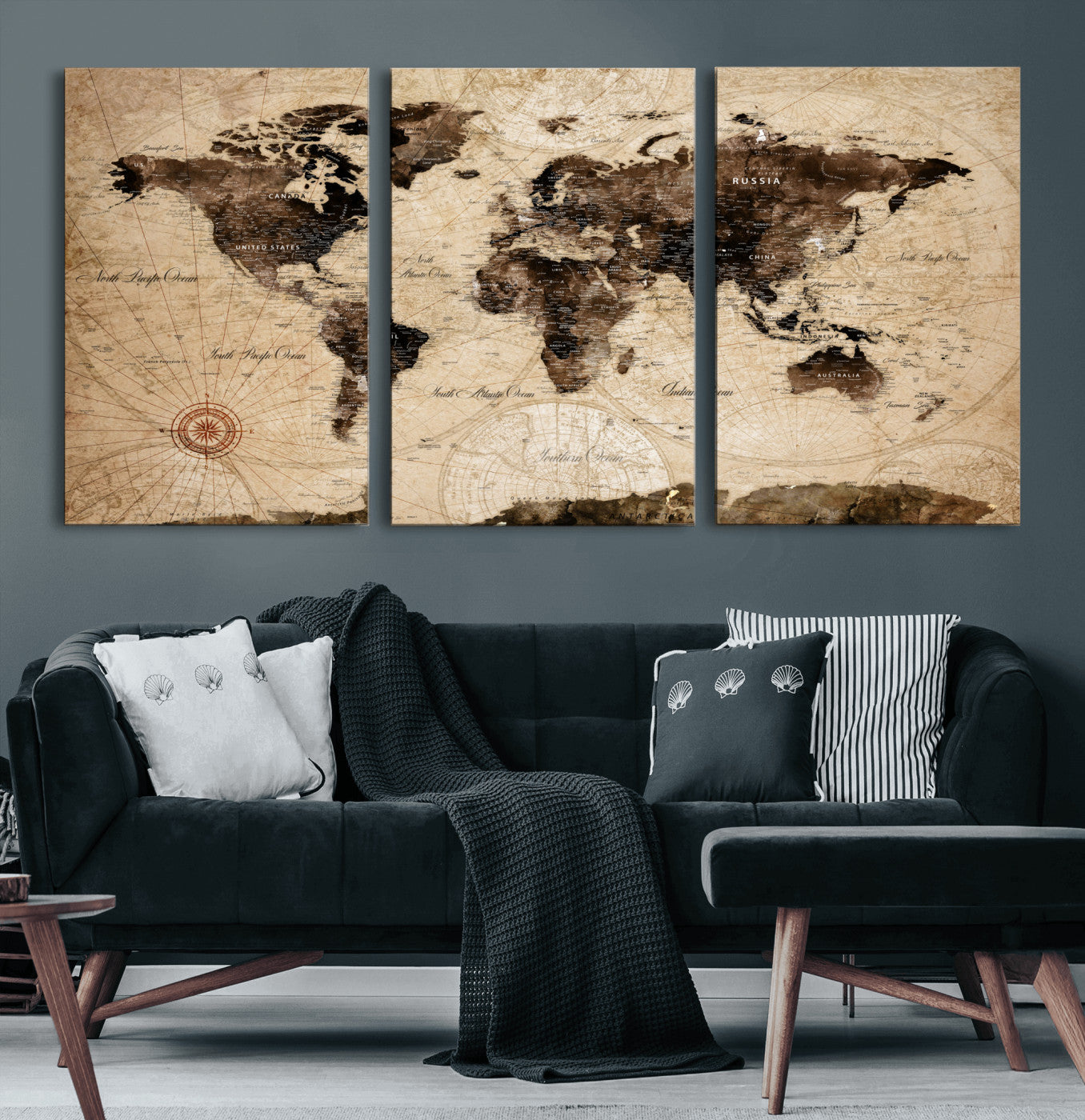 97114757-MGV-CV-60X30-3P - Vintage World Map Wall Art Canvas Print, Modern Decorative Framed Map Artwork Prints for Living Room, Office, Bedroom Wall Decor