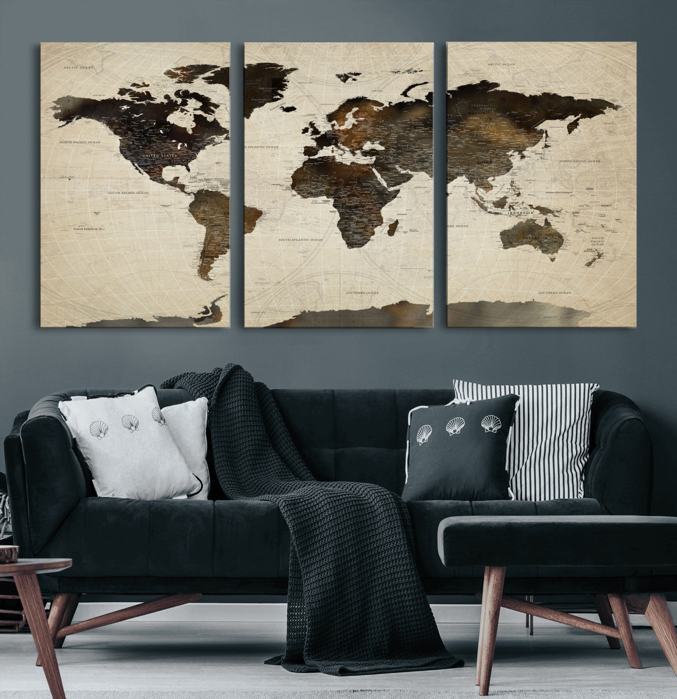 81771296-MGV-CV-60X30-3P - World Map Wall Art Canvas Print, Modern Decorative Framed Map Artwork Prints for Living Room, Office, Bedroom Wall Decor