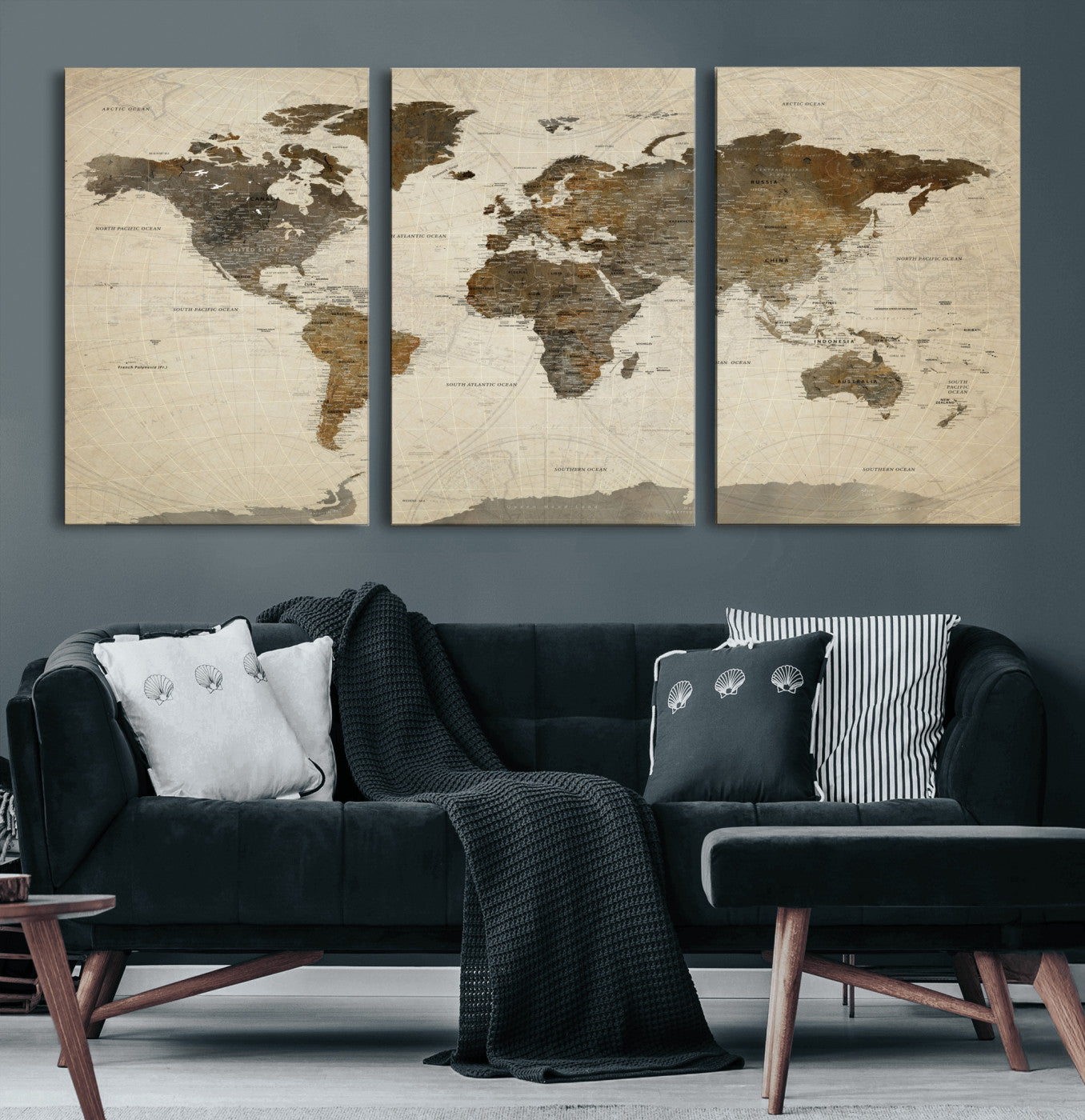 91849163-MGV-CV-60X30-3P - World Map Wall Art Canvas Print, Modern Decorative Framed Map Artwork Prints for Living Room, Office, Bedroom Wall Decor