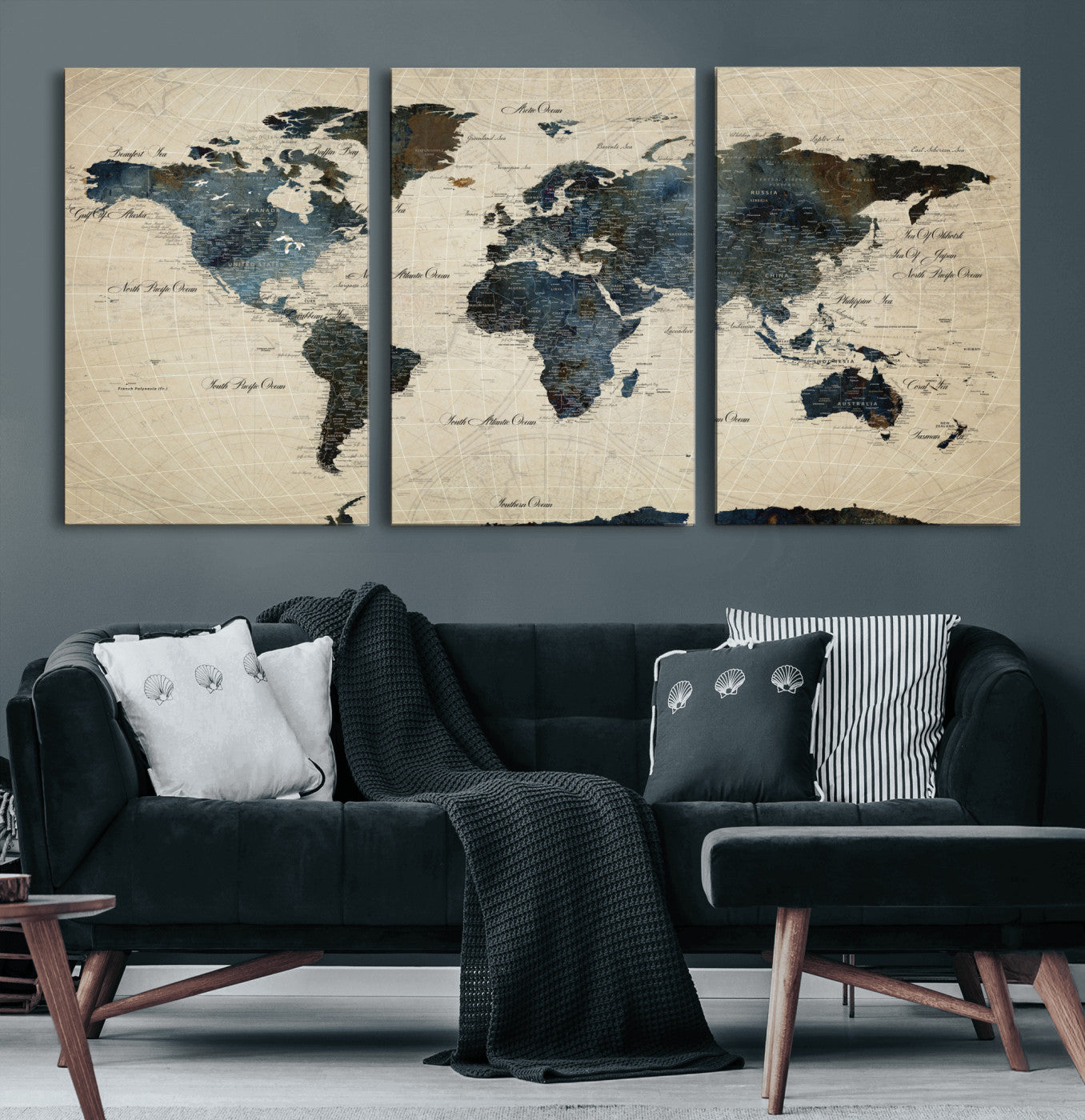 33438443-MGV-CV-60X30-3P - World Map Wall Art Canvas Print, Modern Decorative Framed Map Artwork Prints for Living Room, Office, Bedroom Wall Decor