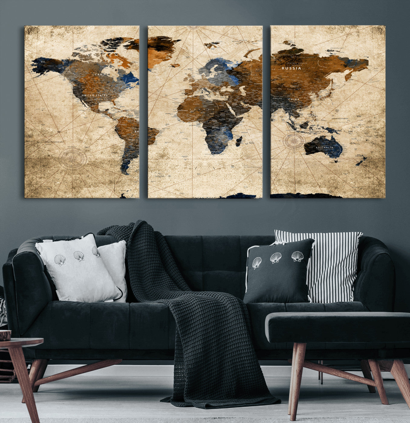 56297284-MGV-CV-60X30-3P - World Map Wall Art Canvas Print, Modern Decorative Framed Map Artwork Prints for Living Room, Office, Bedroom Wall Decor