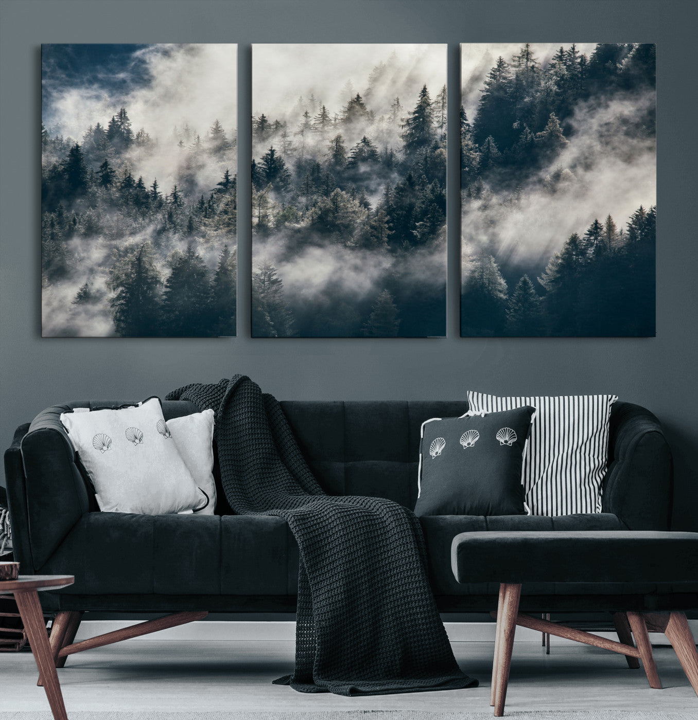 270372951-MGV-CV-60X30-3P - Misty Pine Forest Canvas Wall Art – Dark Forest Mountaing and Nature Landscape Print, Horizontal Canvas Print