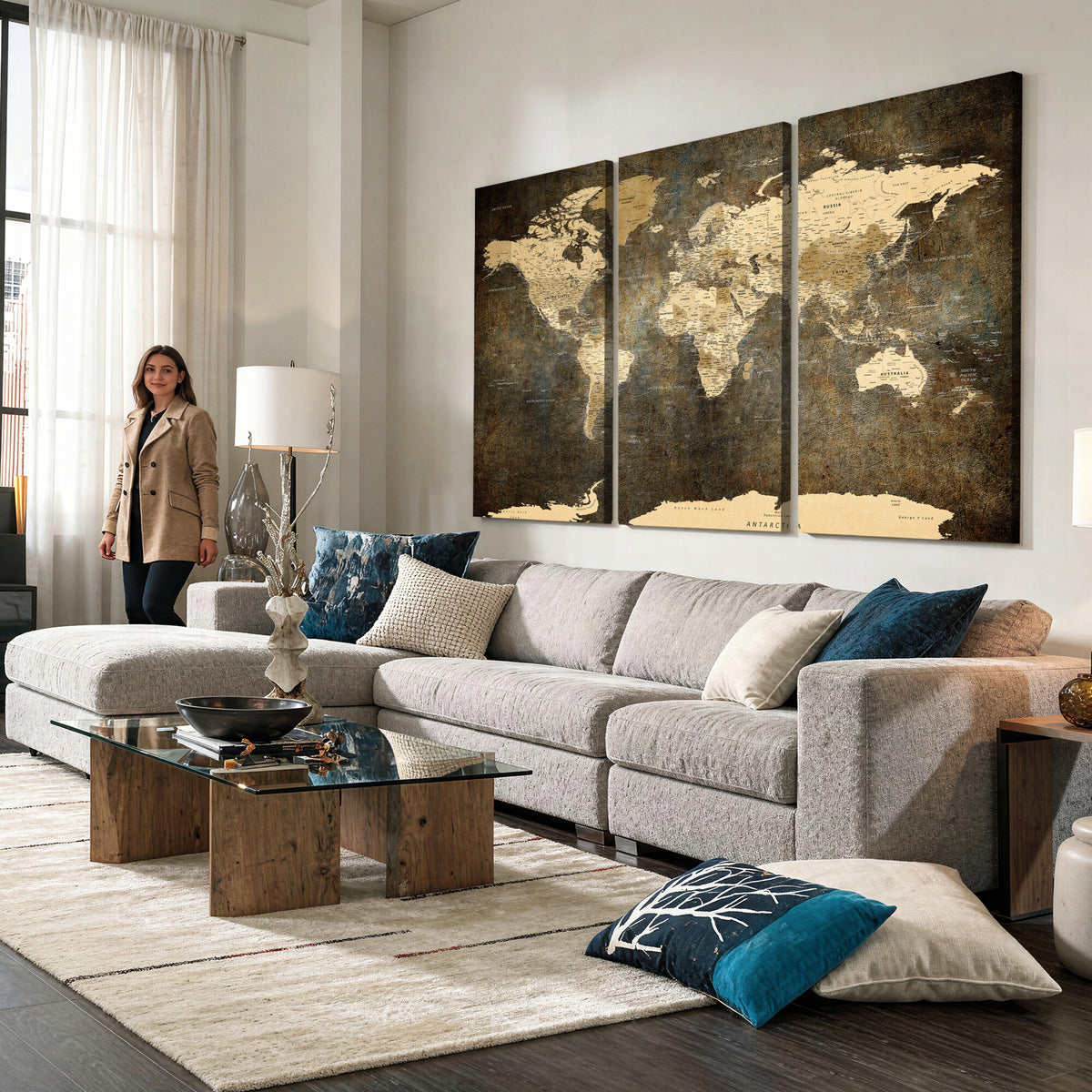 89742472-MGV-CV-36X24 - Large Framed Vintage World Map Wall Art Print for Home Wall
