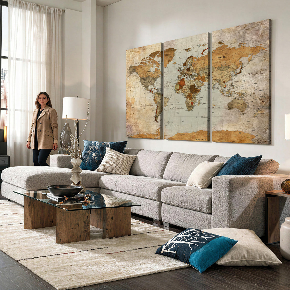 74176056-MGV-CV-36X24 - World Map Wall Art Canvas Print, Modern Decorative Framed Map Artwork Prints for Living Room, Office, Bedroom Wall Decor