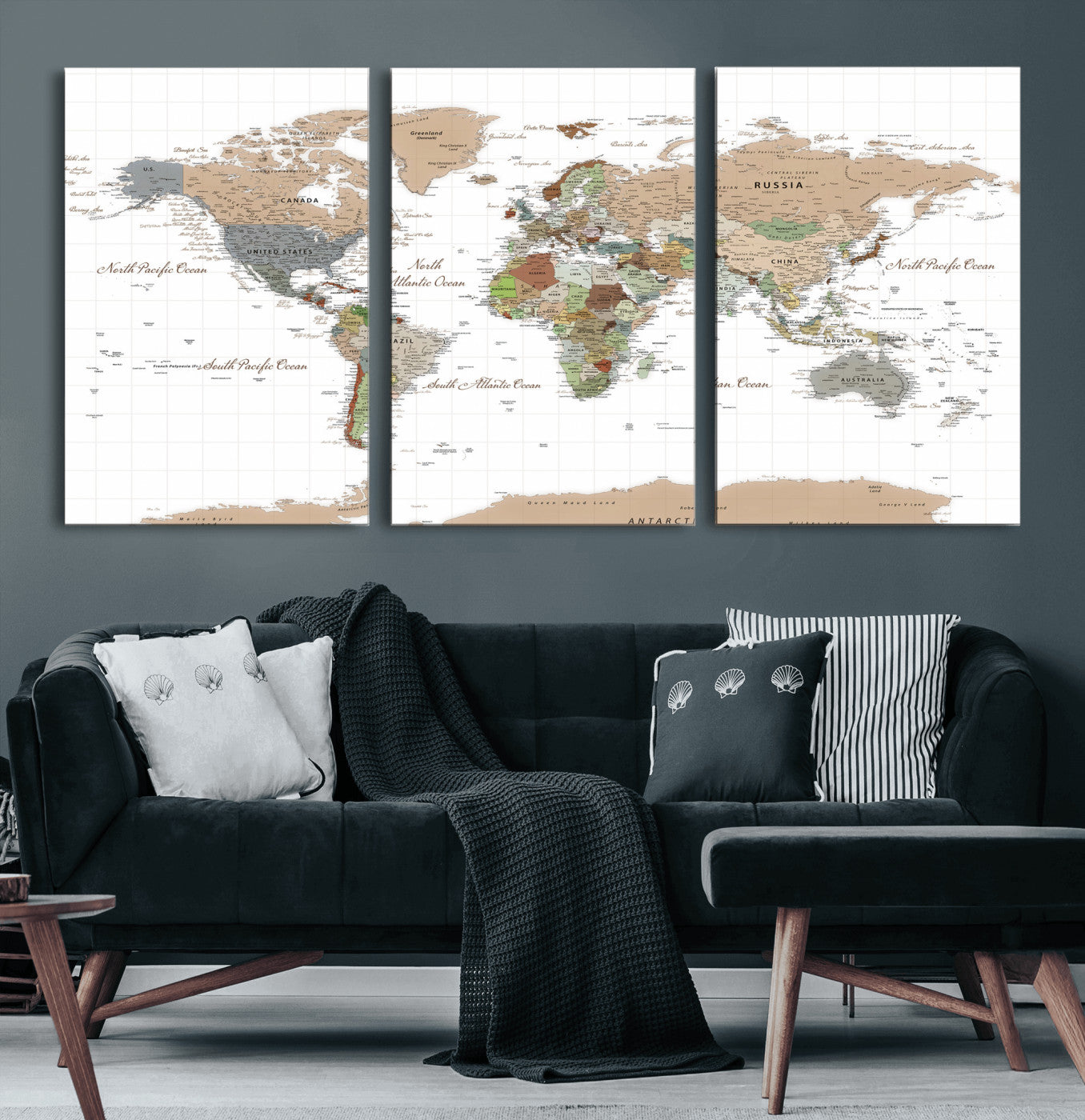 91286788-MGV-CV-36X24 - World Map Wall Art Canvas Print, Modern Decorative Framed Map Artwork Prints for Living Room, Office, Bedroom Wall Decor