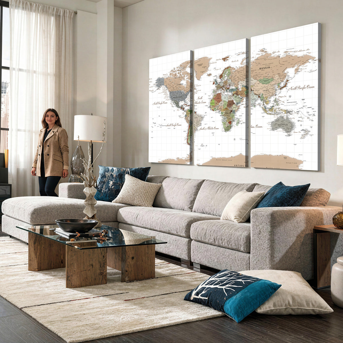 91286788-MGV-CV-36X24 - World Map Wall Art Canvas Print, Modern Decorative Framed Map Artwork Prints for Living Room, Office, Bedroom Wall Decor