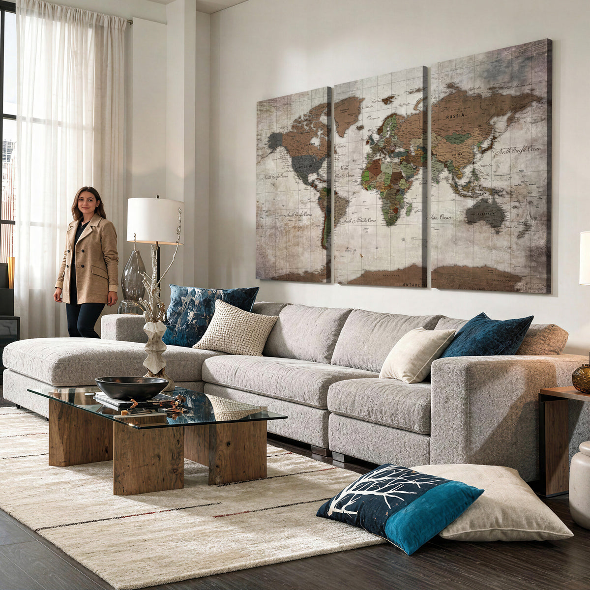 65393892-MGV-CV-36X24 - World Map Wall Art Canvas Print, Modern Decorative Framed Map Artwork Prints for Living Room, Office, Bedroom Wall Decor