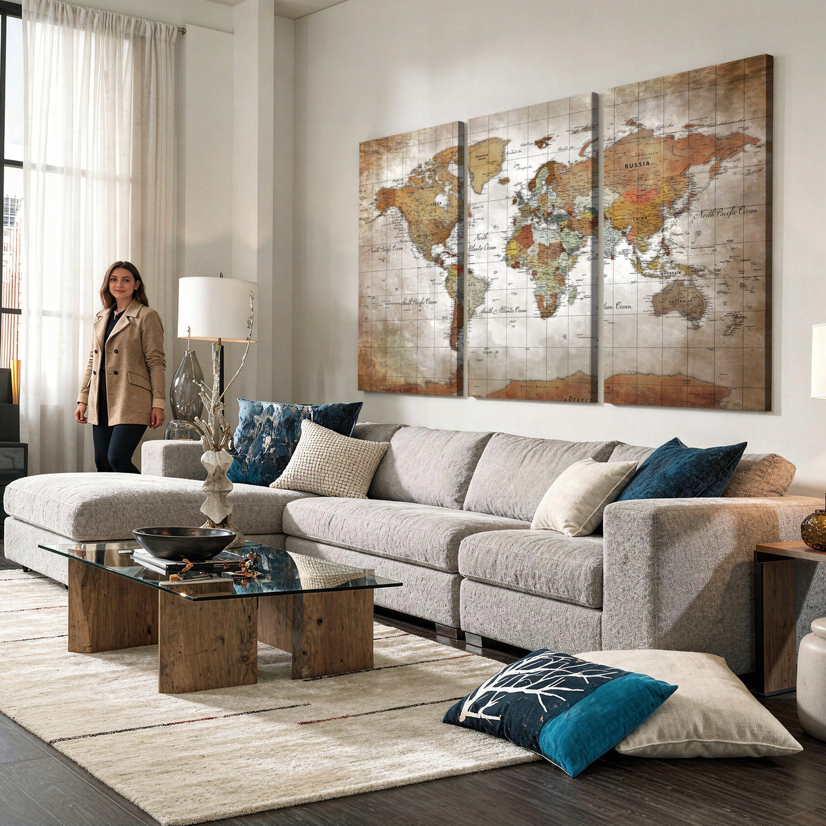 51643807-MGV-CV-36X24 - World Map Wall Art Canvas Print, Modern Decorative Framed Map Artwork Prints for Living Room, Office, Bedroom Wall Decor