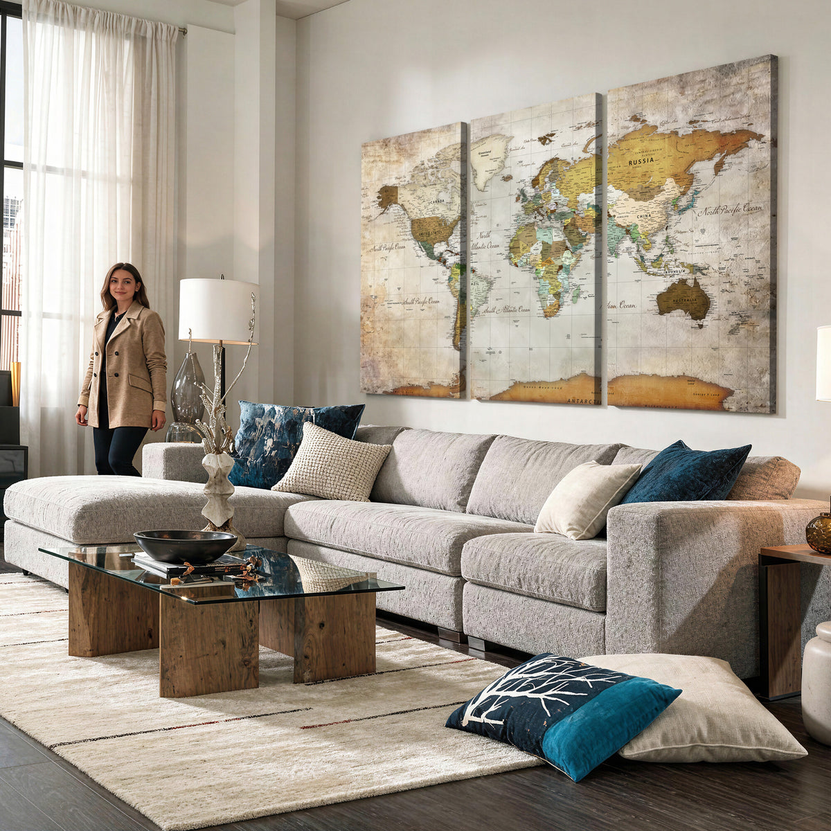 86108417-MGV-CV-36X24 - World Map Wall Art Canvas Print, Modern Decorative Framed Map Artwork Prints for Living Room, Office, Bedroom Wall Decor