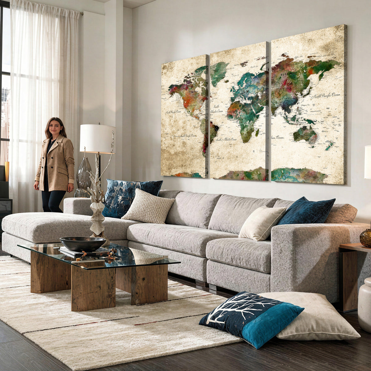 87544591-MGV-CV-36X24 - World Map Wall Art Canvas Print, Modern Decorative Framed Map Artwork Prints for Living Room, Office, Bedroom Wall Decor