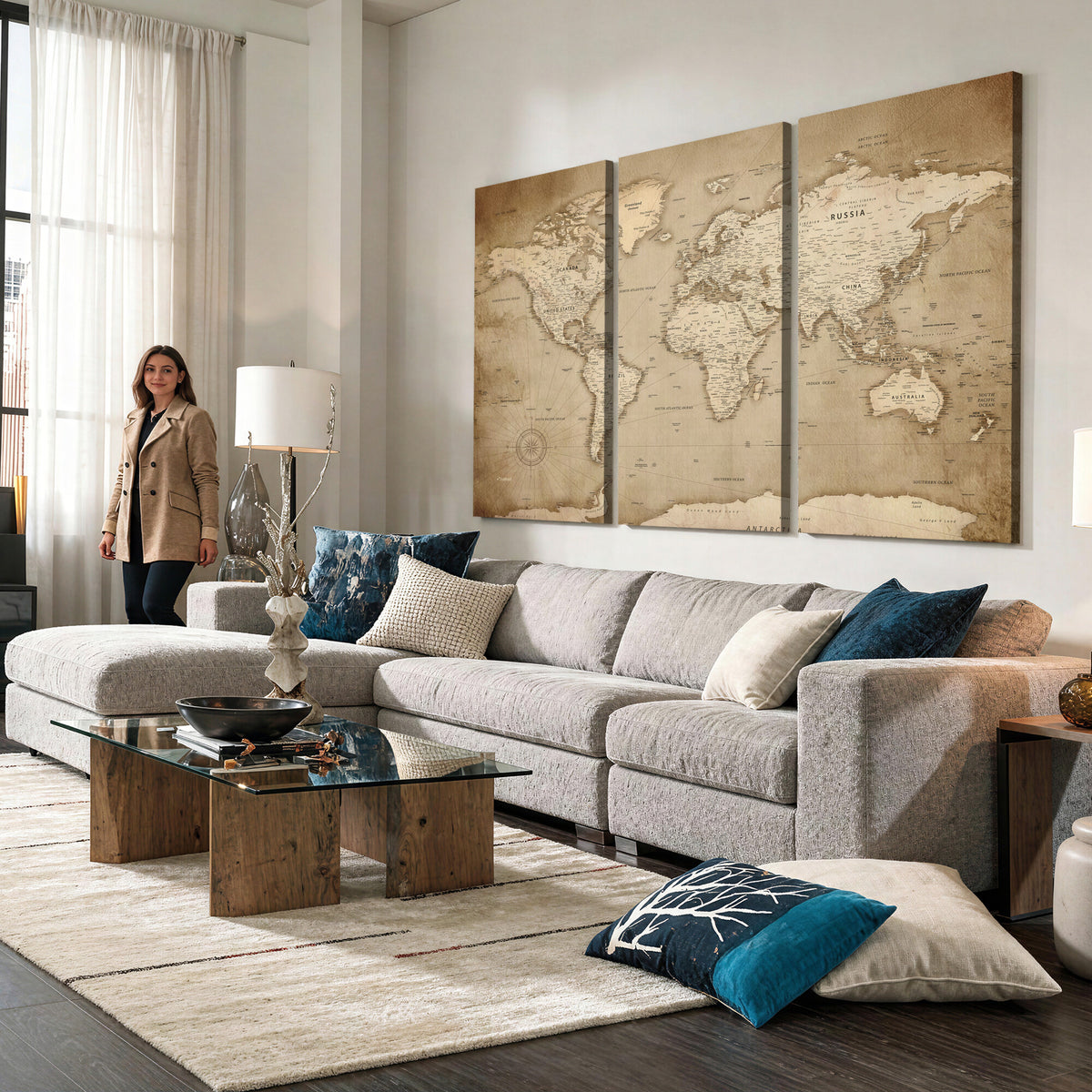 34795134-MGV-CV-36X24 - World Map Wall Art Canvas Print, Modern Decorative Framed Map Artwork Prints for Living Room, Office, Bedroom Wall Decor