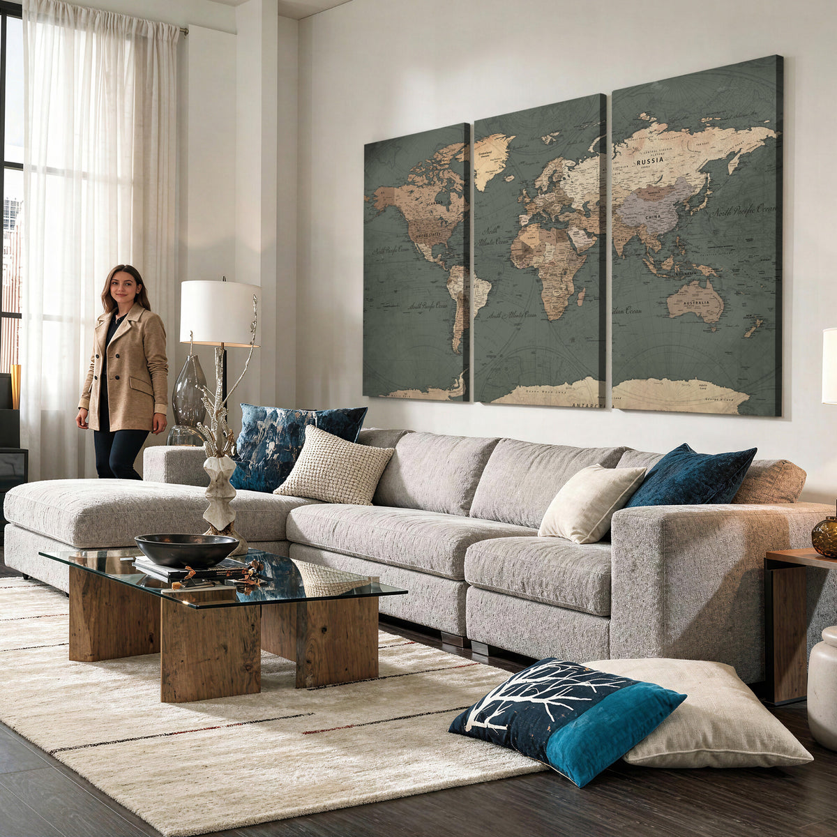 84619399-MGV-CV-36X24 - World Map Wall Art Canvas Print, Modern Decorative Framed Map Artwork Prints for Living Room, Office, Bedroom Wall Decor
