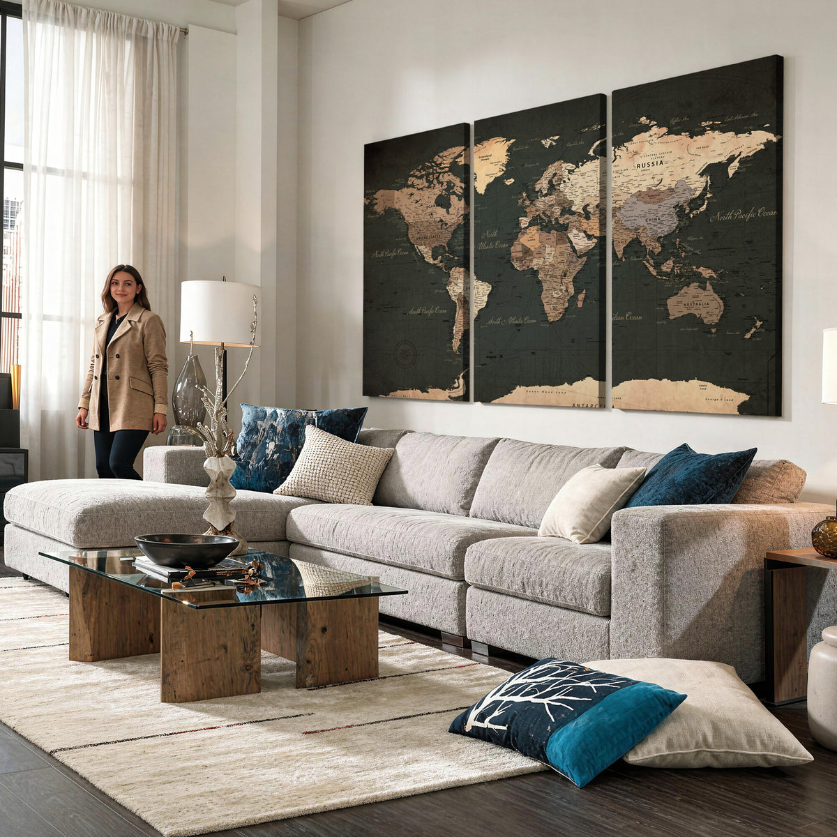 62059333-MGV-CV-36X24 - World Map Wall Art Canvas Print, Modern Decorative Framed Map Artwork Prints for Living Room, Office, Bedroom Wall Decor