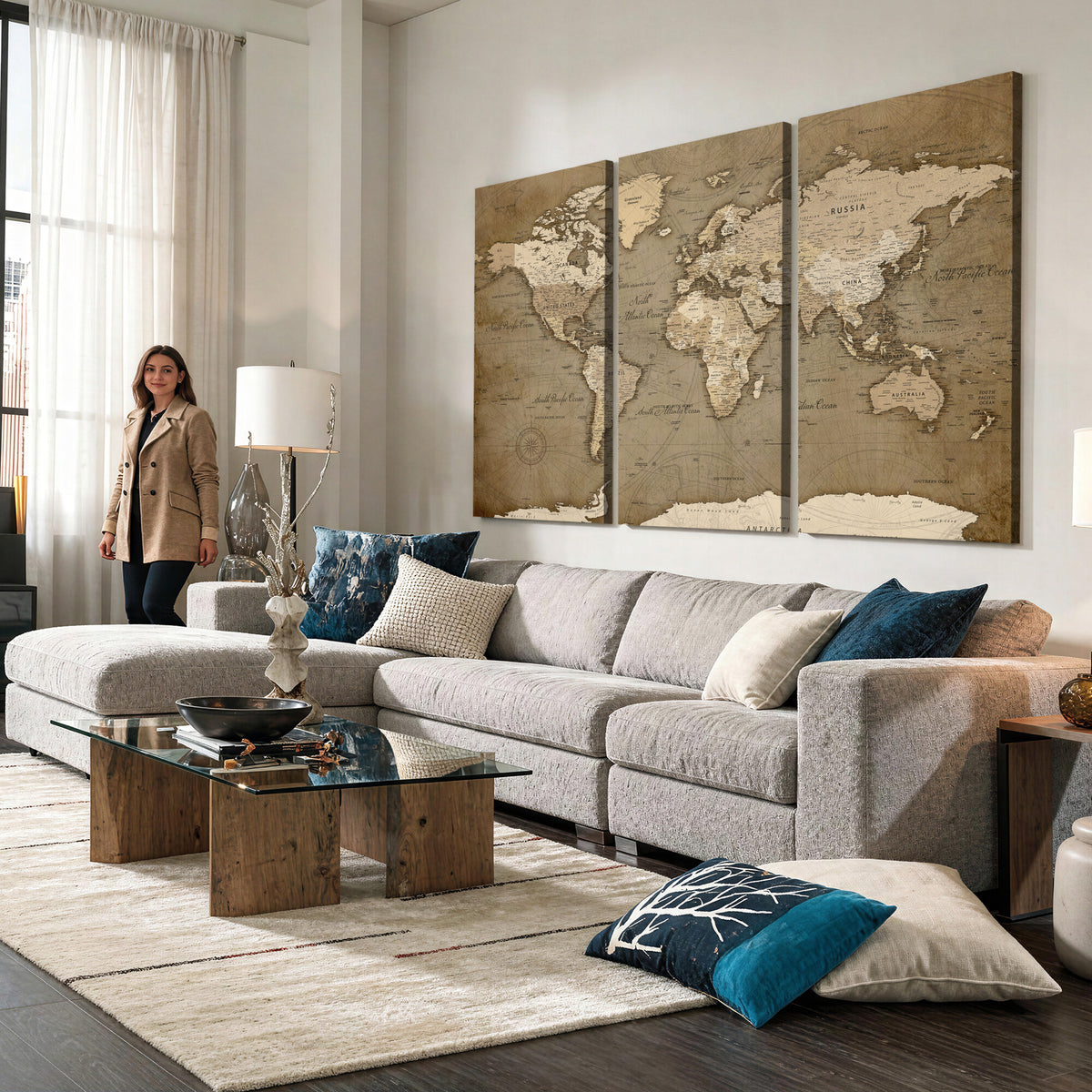 82314635-MGV-CV-36X24 - World Map Wall Art Canvas Print, Modern Decorative Framed Map Artwork Prints for Living Room, Office, Bedroom Wall Decor