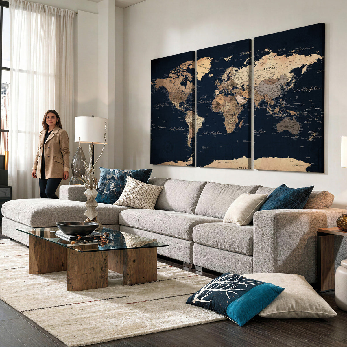 53971530-MGV-CV-36X24 - World Map Wall Art Canvas Print, Modern Decorative Framed Map Artwork Prints for Living Room, Office, Bedroom Wall Decor