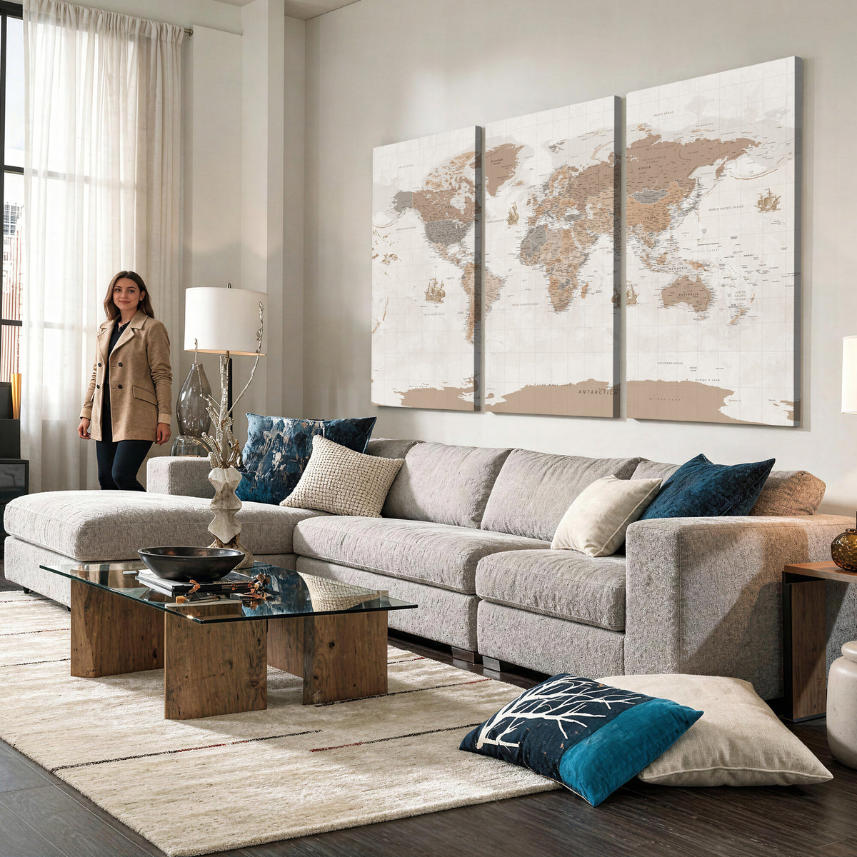 85057279-MGV-CV-36X24 - Framed Large World Map Canvas Print for Office Decor