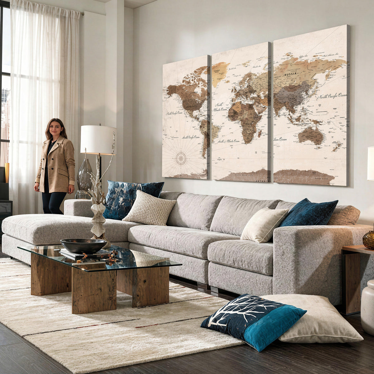 69860078-MGV-CV-36X24 - World Map Wall Art Canvas Print, Modern Decorative Framed Map Artwork Prints for Living Room, Office, Bedroom Wall Decor