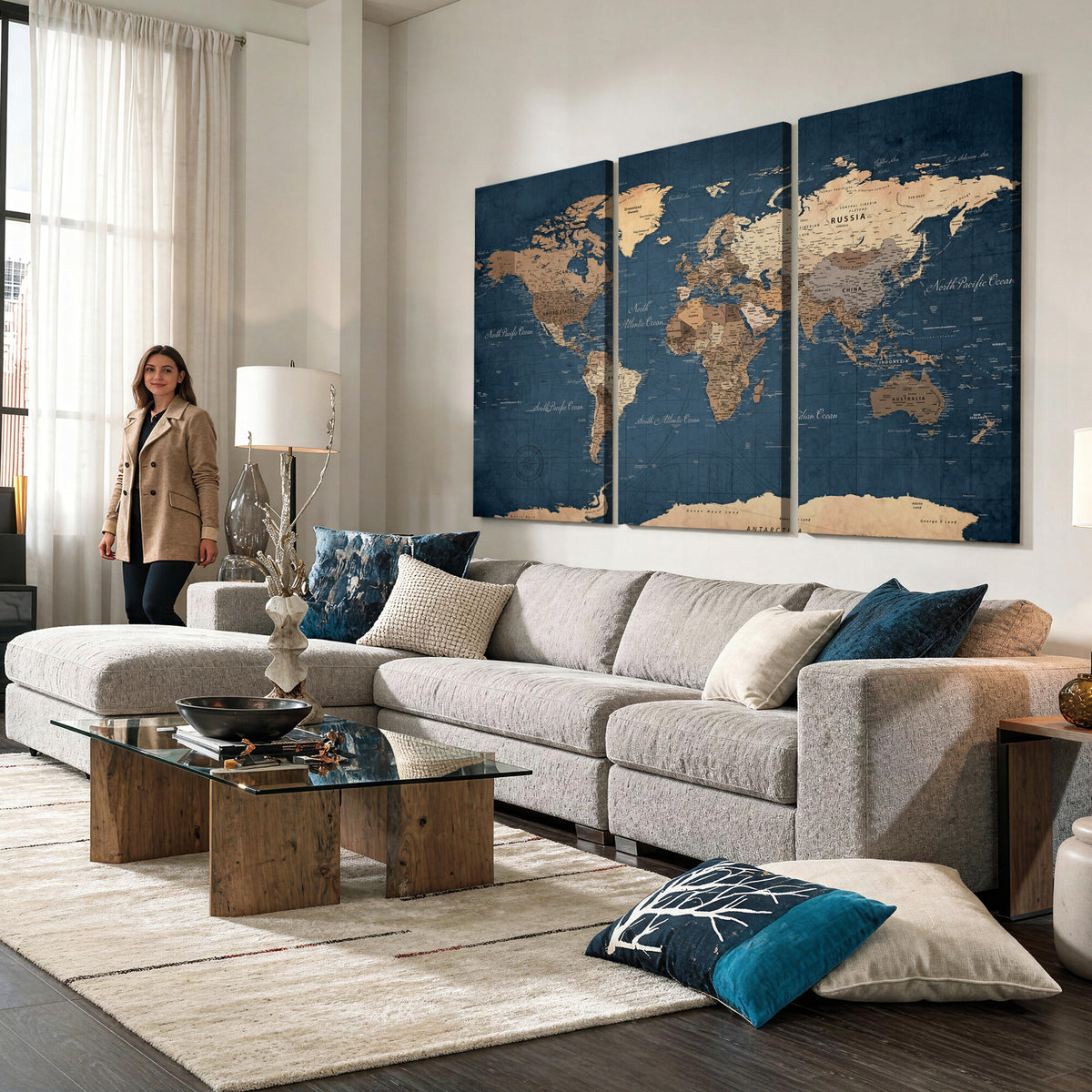 69886352-MGV-CV-36X24 - World Map Wall Art Canvas Print, Modern Decorative Framed Map Artwork Prints for Living Room, Office, Bedroom Wall Decor