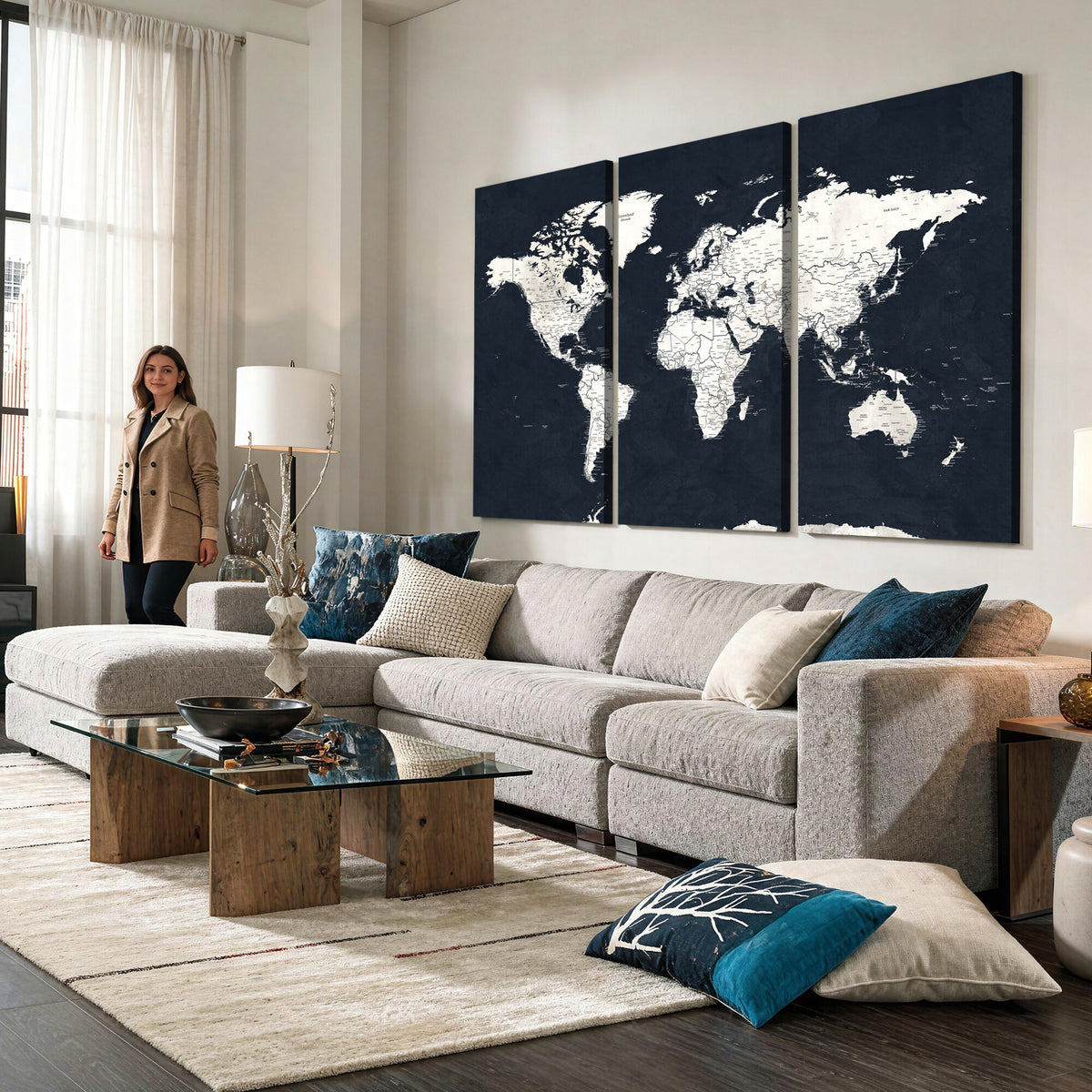 11963807-MGV-CV-36X24 - Black World Map Wall Art Canvas Print for Home Office and Meeting Room Decor