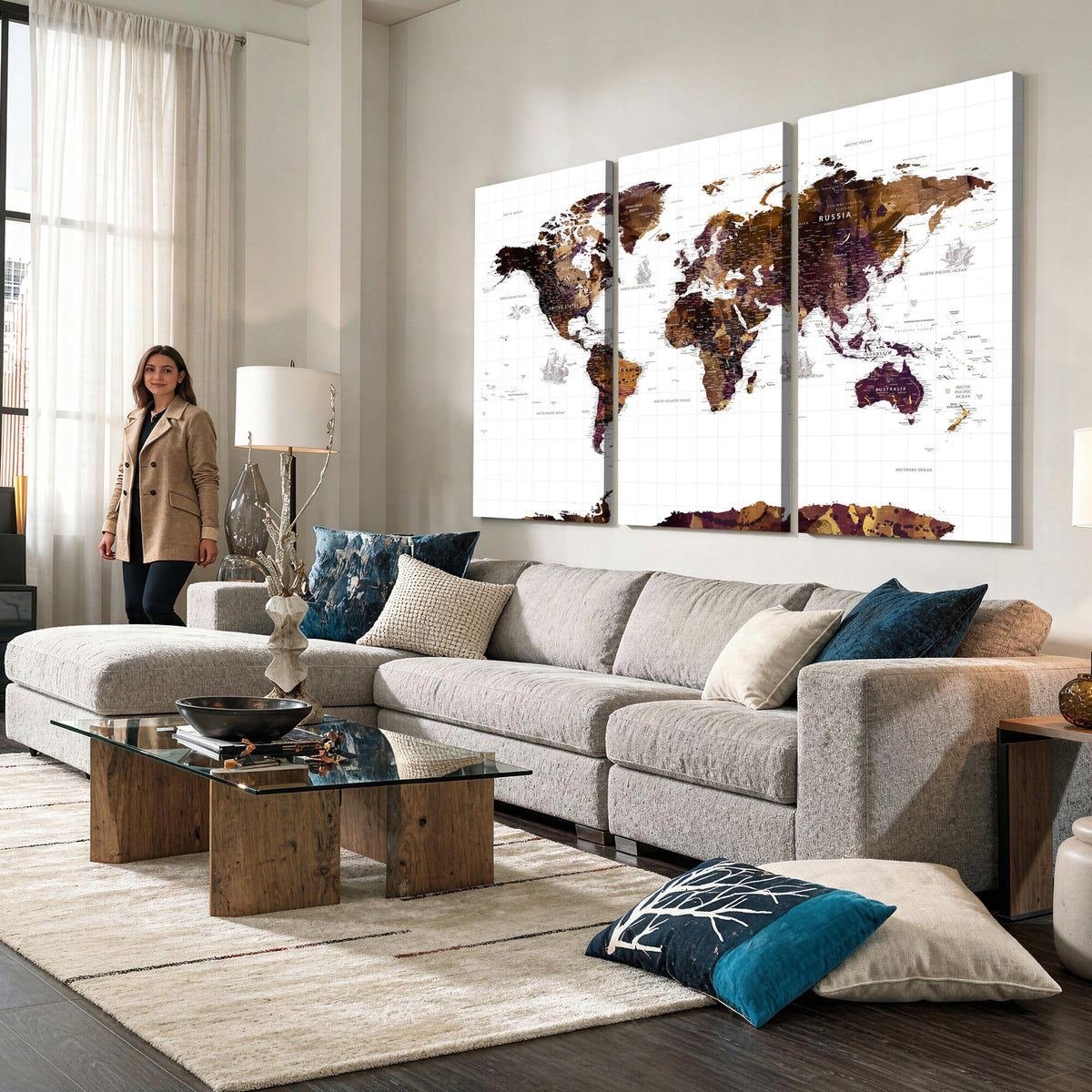34792695-MGV-CV-36X24 - Rustic World Map Wall Art Canvas Print | Large Vintage Blue World Map on Wood Grain Style Background