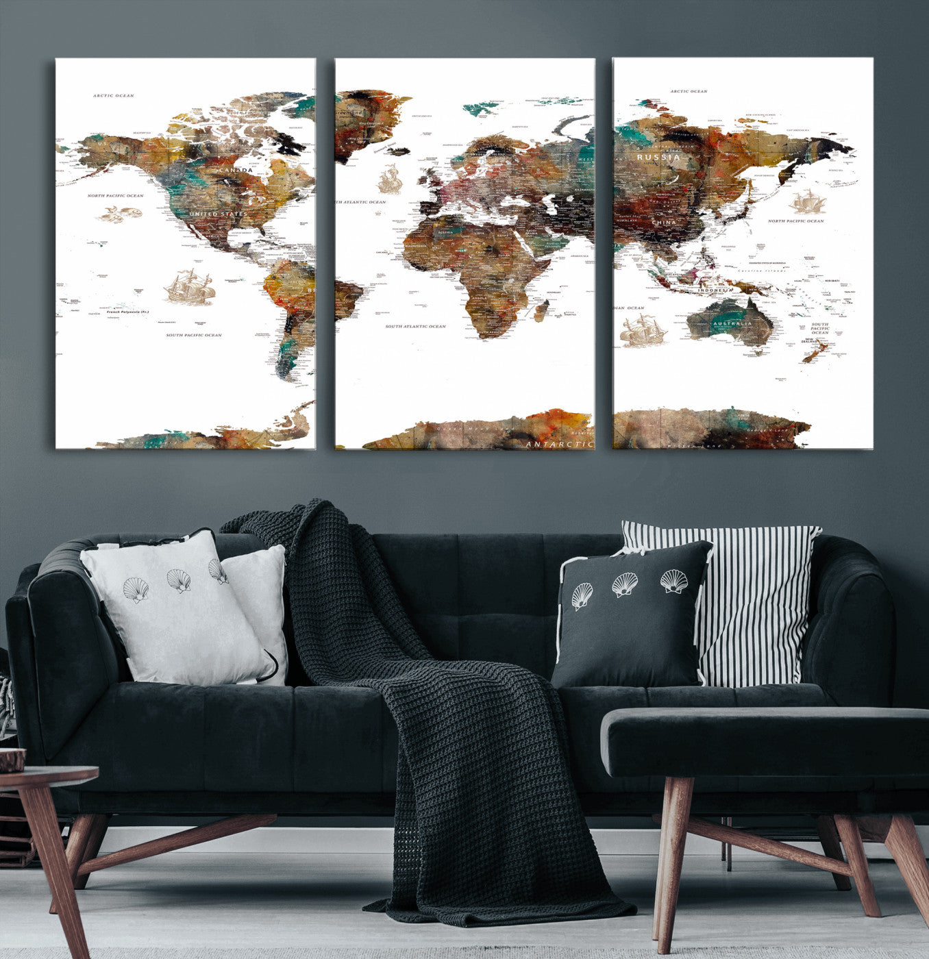 82293175-MGV-CV-36X24 - World Map Wall Art Canvas Print, Modern Decorative Framed Map Artwork Prints for Living Room, Office, Bedroom Wall Decor