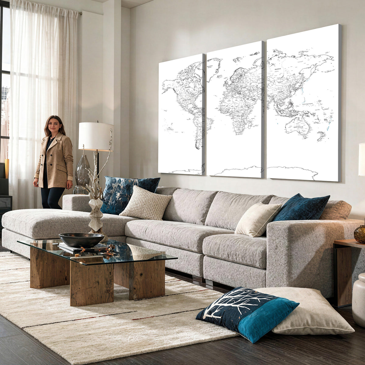 21002736-MGV-CV-36X24 - World Map Canvas Print, Framed Modern Detailed Map of the World for Home or Office