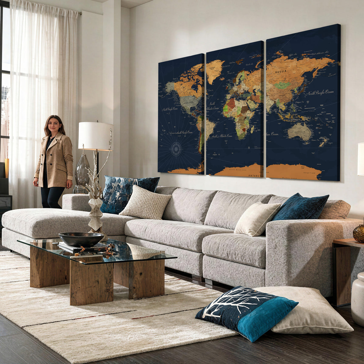11715182-MGV-CV-36X24 - Modern World Map Canvas Print, Framed Detailed Map of the World Wall Art