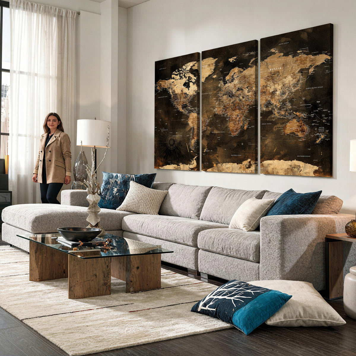 97742922-MGV-CV-36X24 - World Map Canvas Print, Modern Decorative Framed Map Artwork