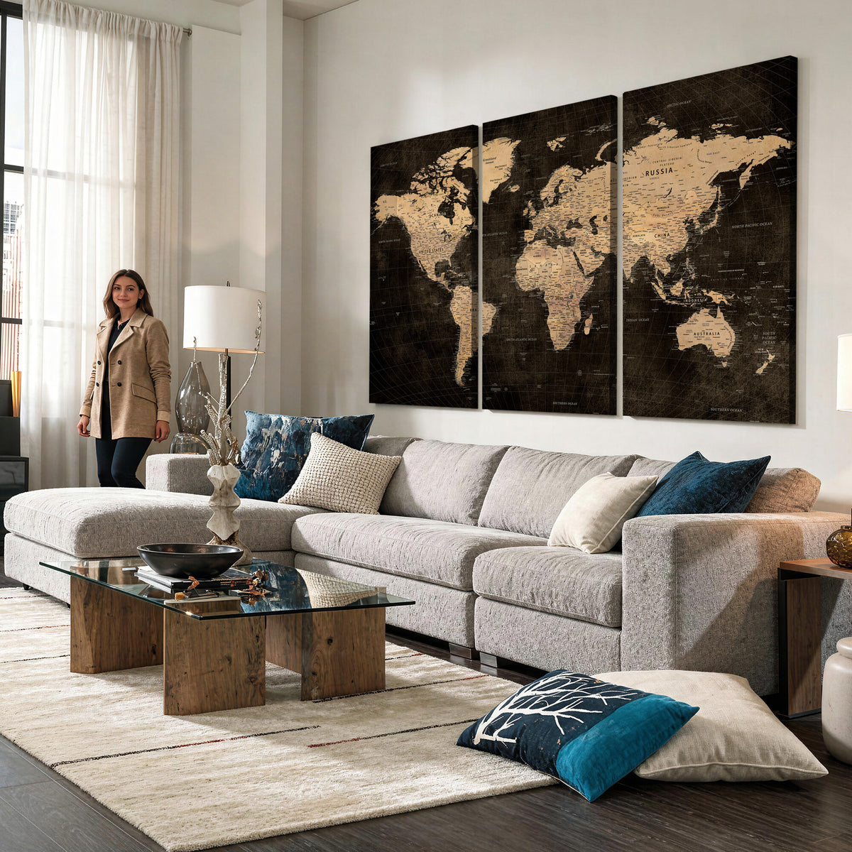 15118265-MGV-CV-36X24 - Brown World Map Canvas Print | Modern Travel Map Wall Art