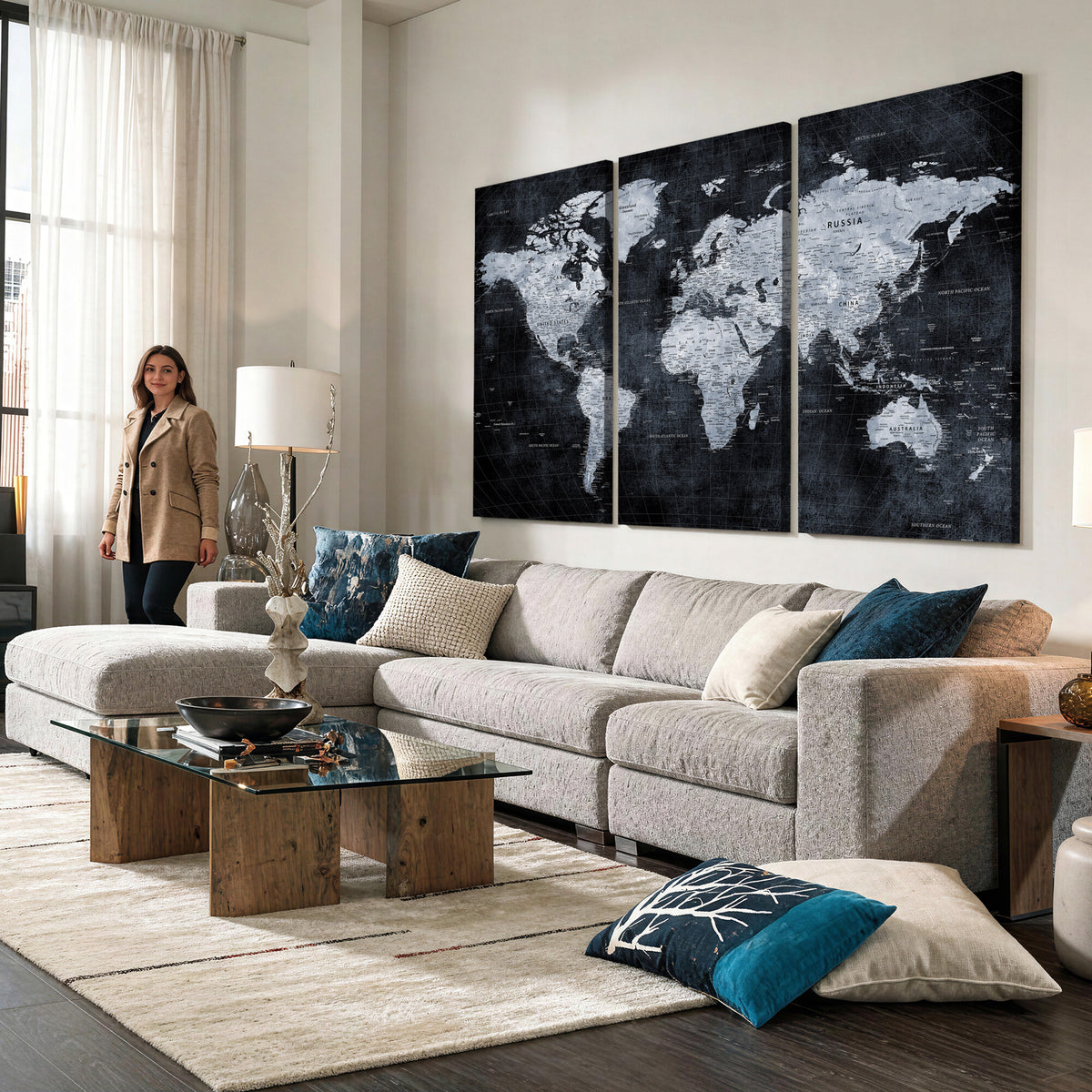 86893704-MGV-CV-36X24 - Black World Map Canvas Print | Detailed Map for Couples and Anniversary Gift