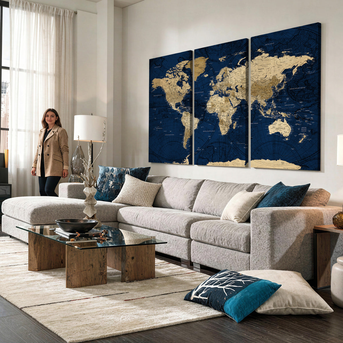 54770746-MGV-CV-36X24 - Navy Blue World Map Canvas Print – Detailed Map Minimal Navy