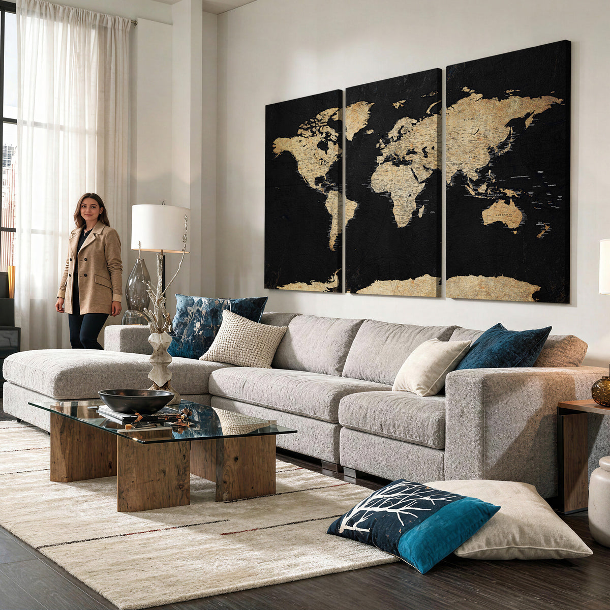 71518849-MGV-CV-36X24 - Beige World Map Canvas Wall Art Print, Minimal Black and