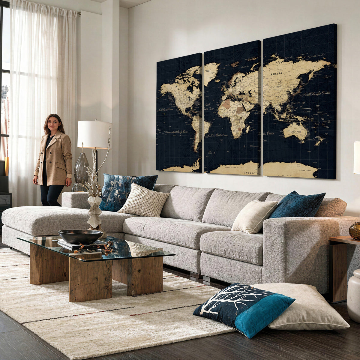 45063434-MGV-CV-36X24 - Dark World Map Canvas Wall Art Print, Minimal Black and Gold Map