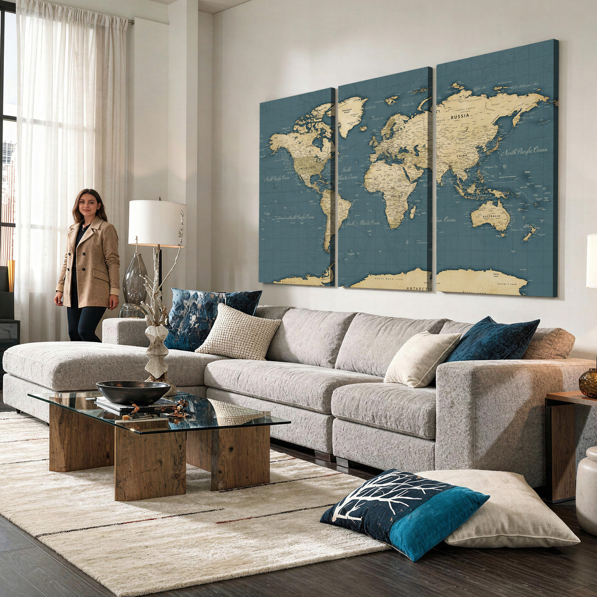 99599383-MGV-CV-36X24 - Minimal Vintage World Map Canvas Wall Art Print, Neutral