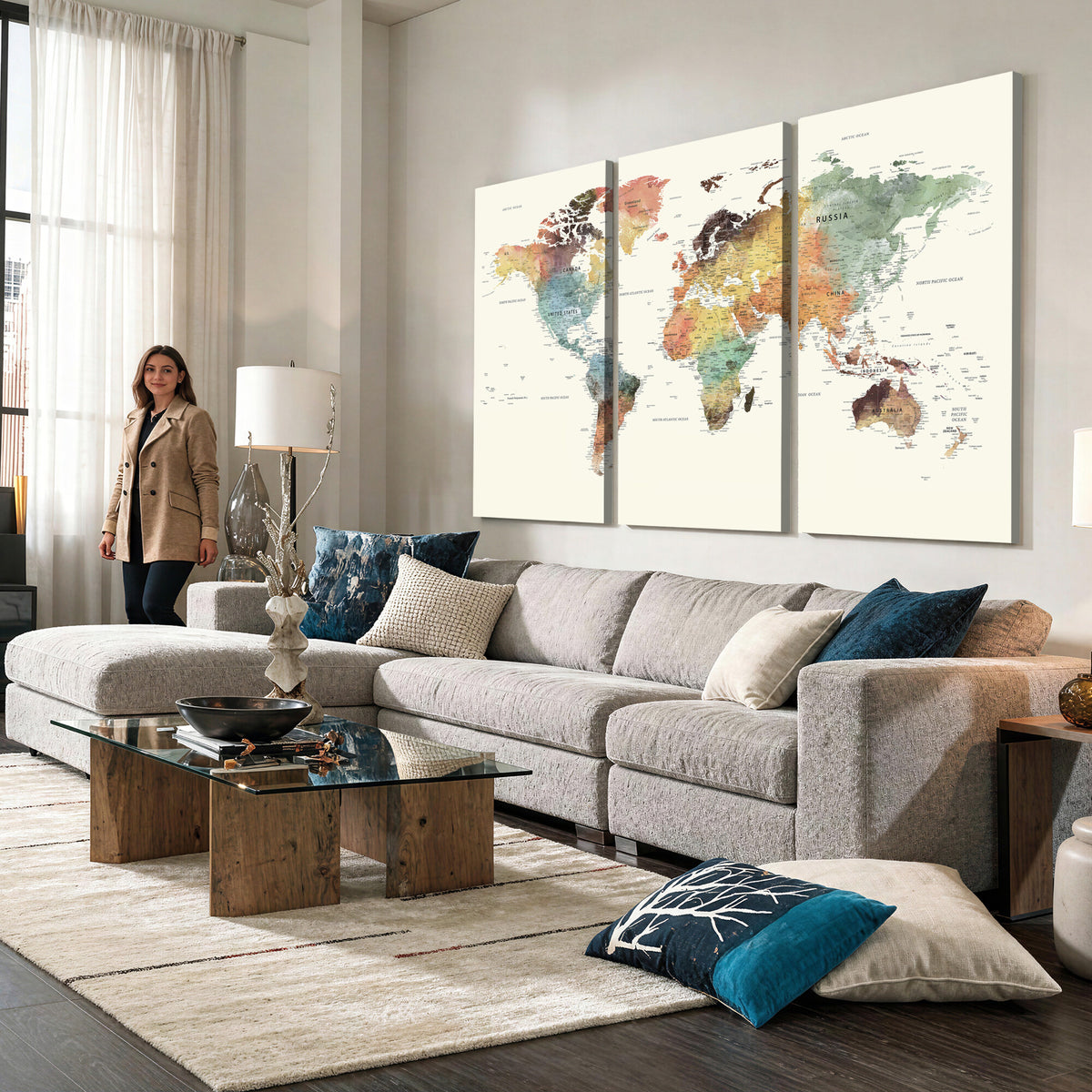 64206059-MGV-CV-36X24 - Framed World Map Wall Art Canvas Print for Living Room and Study Room