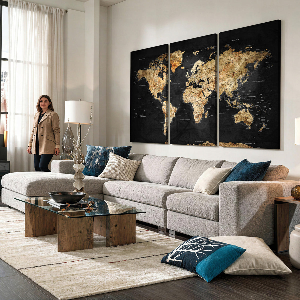 23568589-MGV-CV-36X24 - World Map Wall Art Canvas Print, Modern Decorative Framed Map Artwork Prints for Living Room, Office, Bedroom Wall Decor