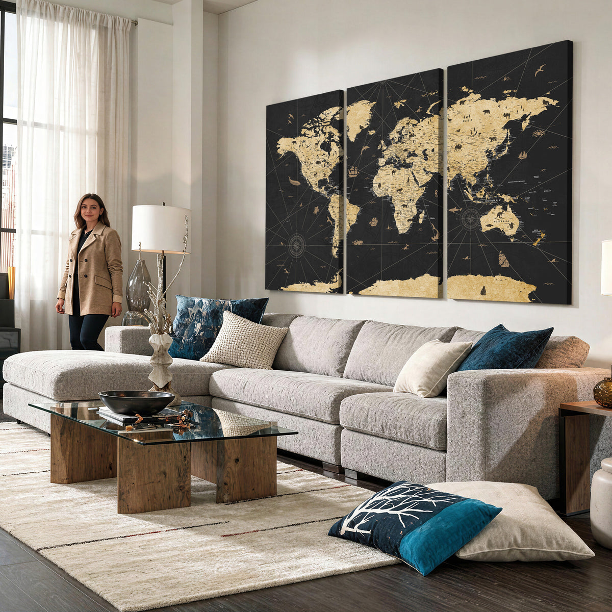 80270976-MGV-CV-36X24 - World Map Wall Art Canvas Print, Modern Decorative Framed Map Artwork Prints for Living Room, Office, Bedroom Wall Decor