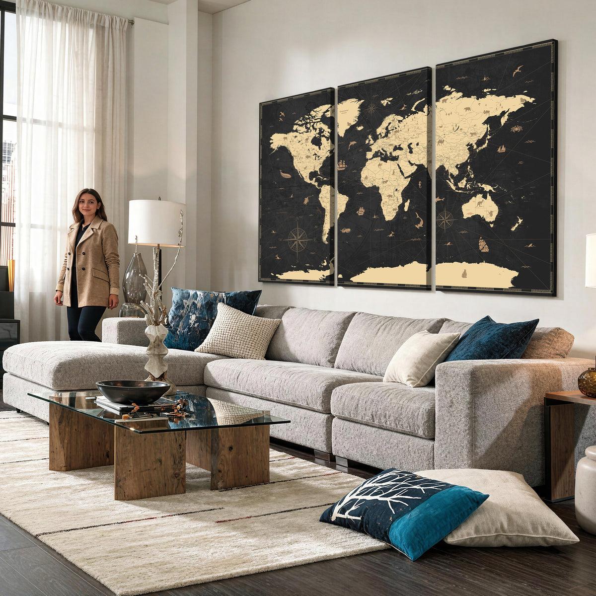 75220264-MGV-CV-36X24 - World Map Wall Art Canvas Print, Modern Decorative Framed Map Artwork Prints for Living Room, Office, Bedroom Wall Decor