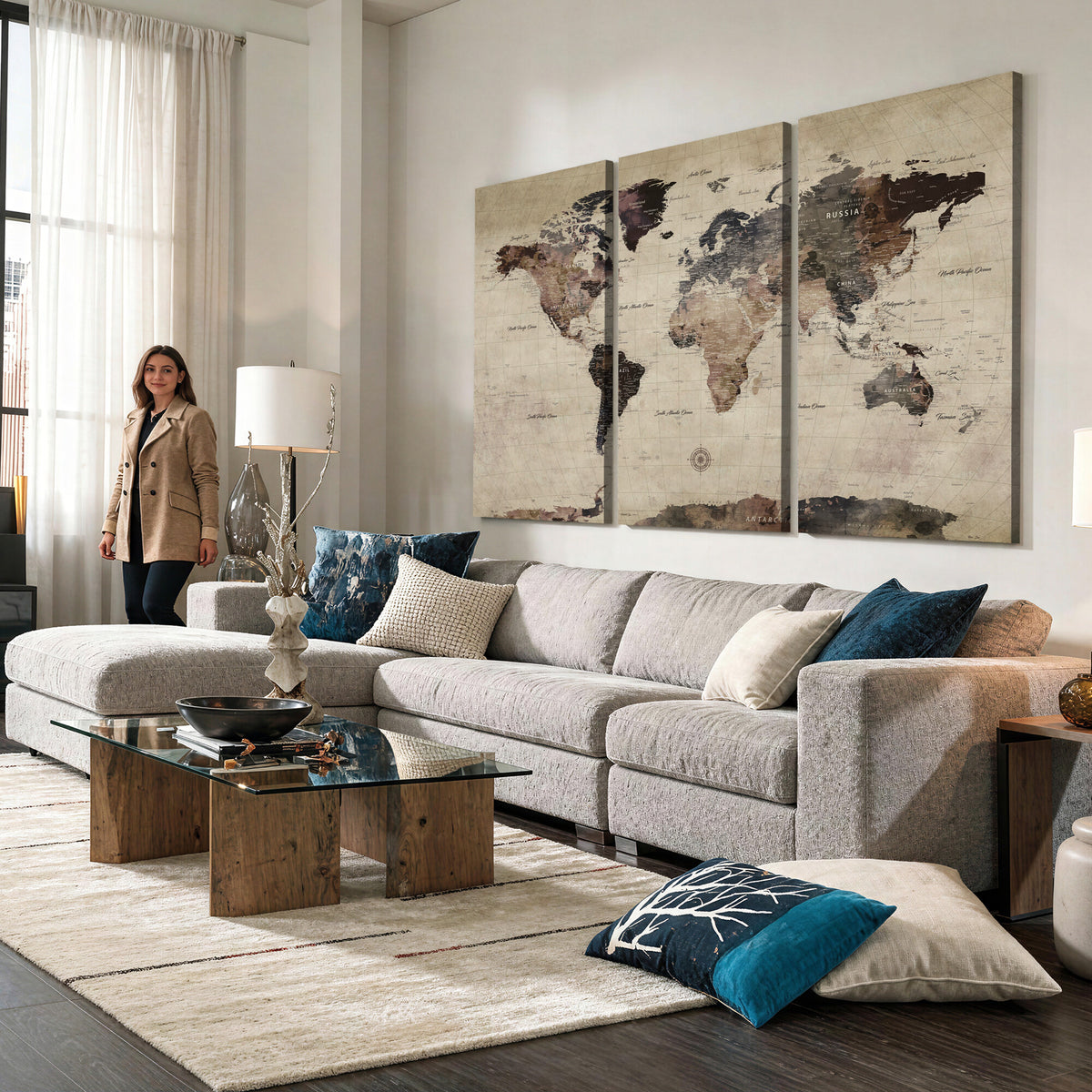 60560672-MGV-CV-36X24 - World Map Wall Art Canvas Print, Modern Decorative Framed Map Artwork Prints for Living Room, Office, Bedroom Wall Decor