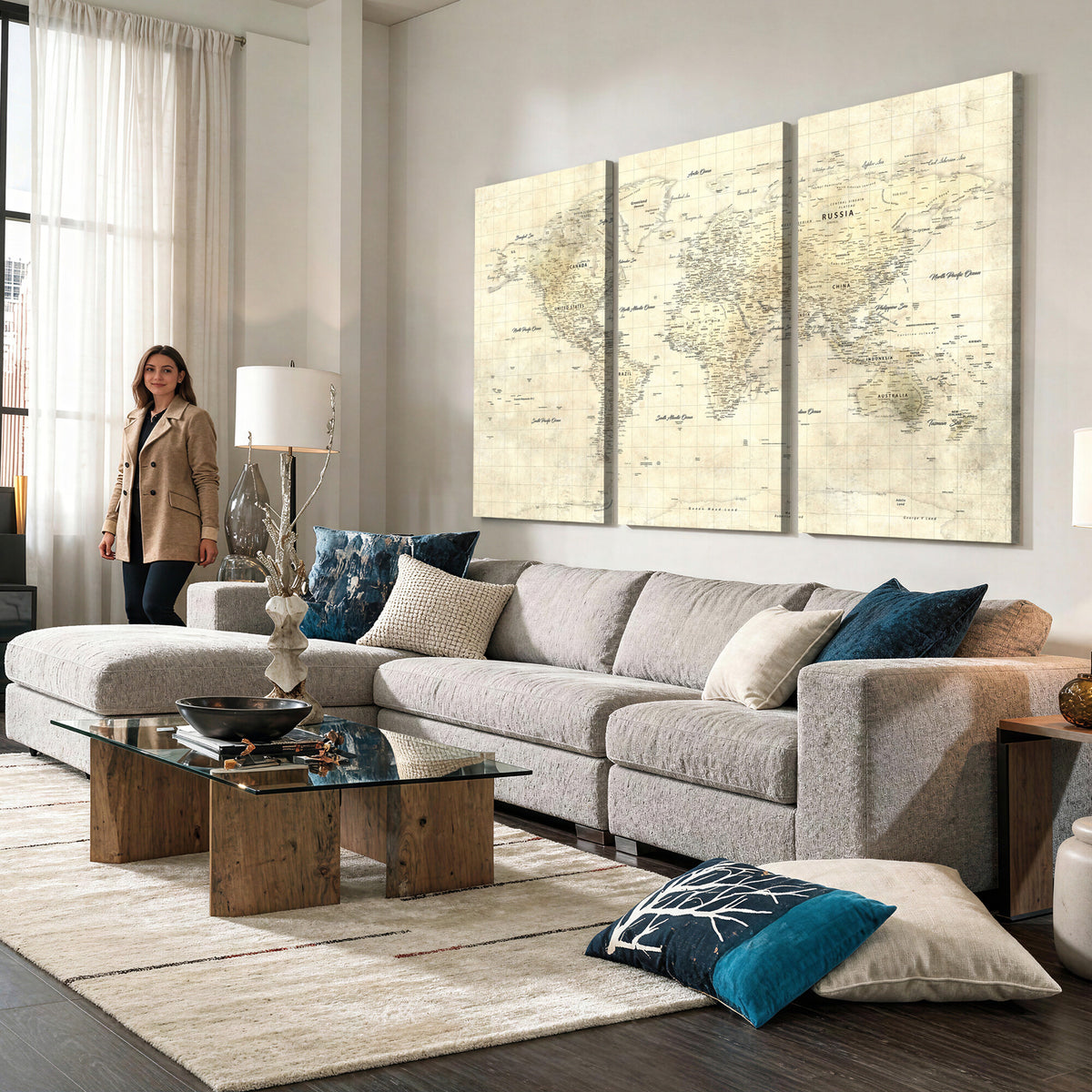 17101439-MGV-CV-36X24 - World Map Wall Art Canvas Print, Modern Decorative Framed Map Artwork Prints for Living Room, Office, Bedroom Wall Decor