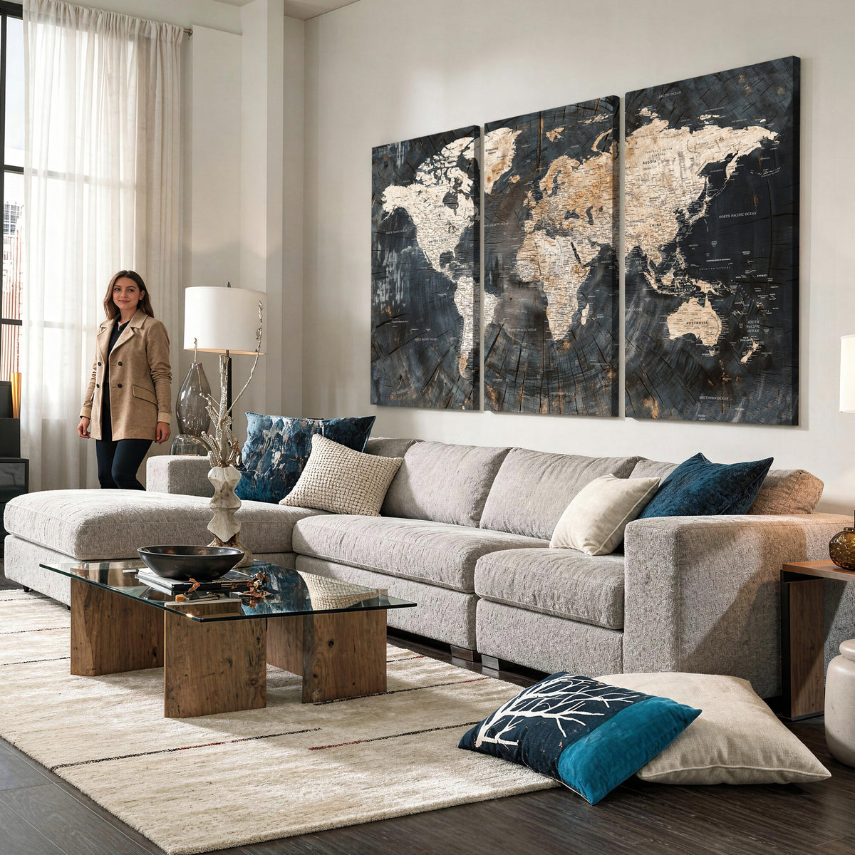 89162112-MGV-CV-36X24 - World Map Wall Art Canvas Print, Modern Decorative Framed Map Artwork Prints for Living Room, Office, Bedroom Wall Decor