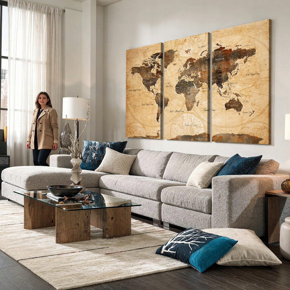 63156625-MGV-CV-36X24 - World Map Wall Art Canvas Print, Modern Decorative Framed Map Artwork Prints for Living Room, Office, Bedroom Wall Decor