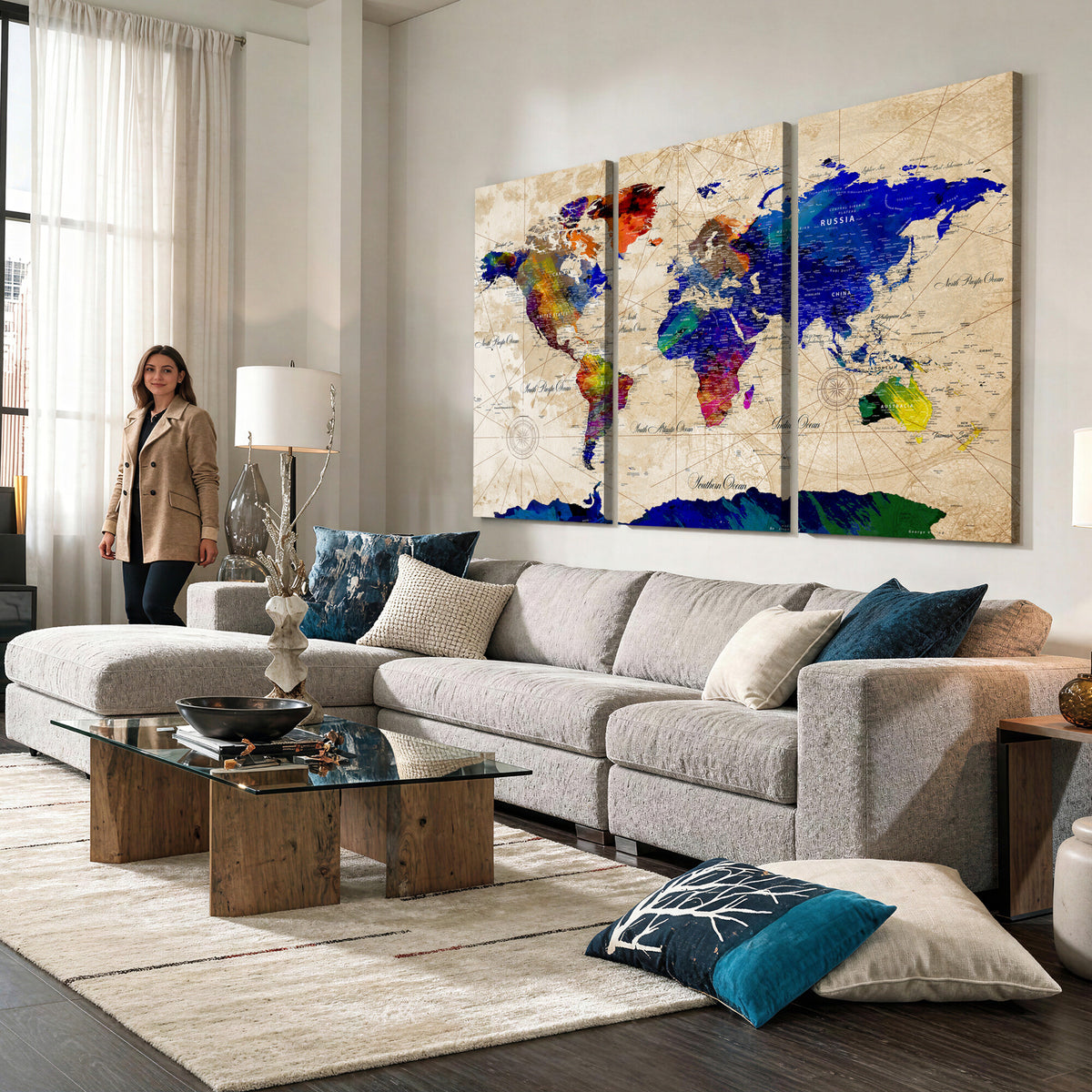 26284075-MGV-CV-36X24 - World Map Wall Art Canvas Print, Modern Decorative Framed Map Artwork Prints for Living Room, Office, Bedroom Wall Decor