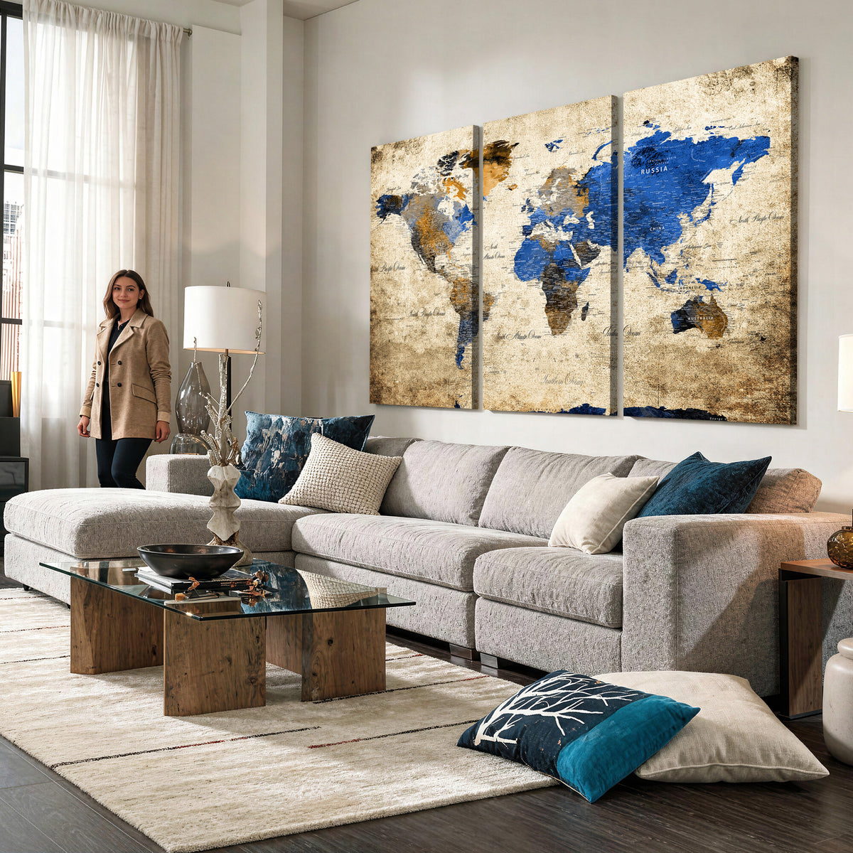 27314341-MGV-CV-36X24 - World Map Wall Art Canvas Print, Modern Decorative Framed Map Artwork Prints for Living Room, Office, Bedroom Wall Decor