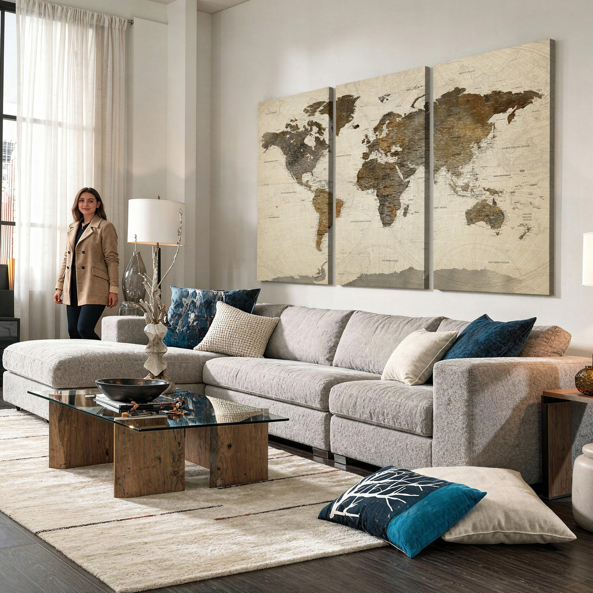 49623468-MGV-CV-36X24 - World Map Wall Art Canvas Print, Modern Decorative Framed Map Artwork Prints for Living Room, Office, Bedroom Wall Decor